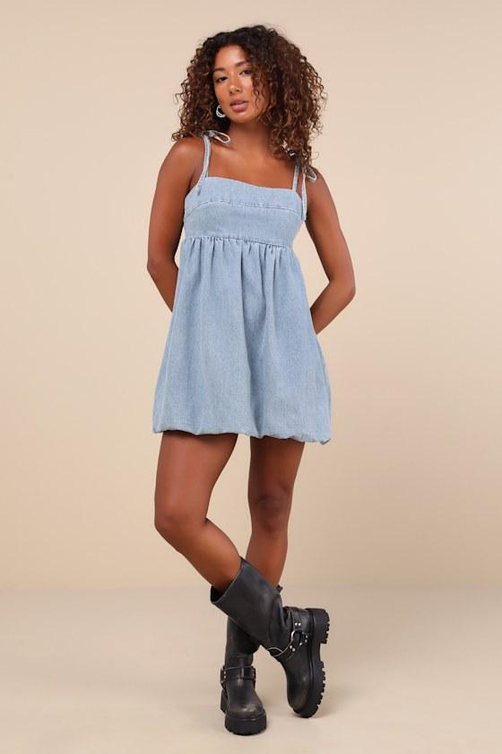Charmed Aura Light Wash Denim Tie-Strap Bubble-Hem Mini Dress Product Image