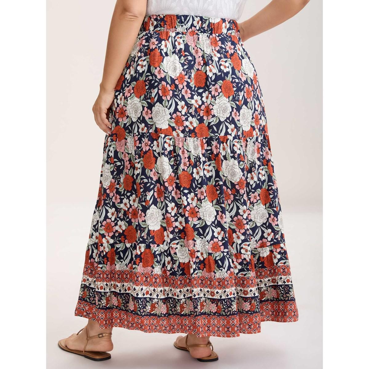 Plus Size Rayon Breezy Floral Print Tiered Back Maxi Skirt Women Rust Boho Loose No stretch Side seam pocket Vacation Skirts BloomChic 22-24/3X Product Image