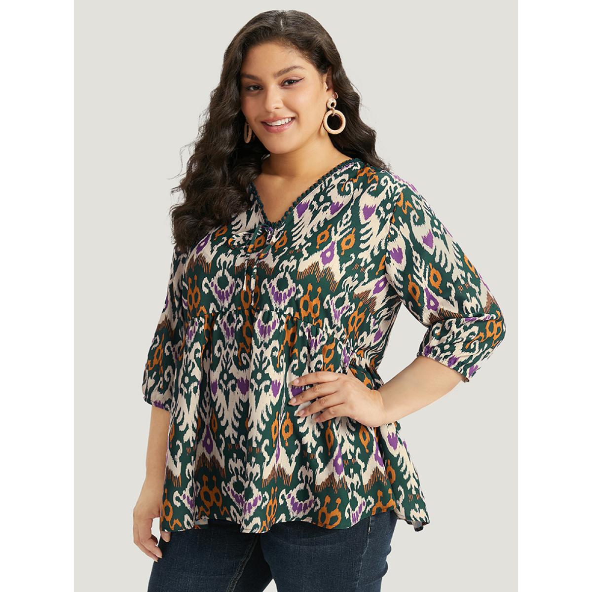Plus Size Green Bandana Print Ties Pompom Trim Blouse Women Vacation Elbow-length sleeve V-neck Dailywear Blouses BloomChic 26/4X Product Image