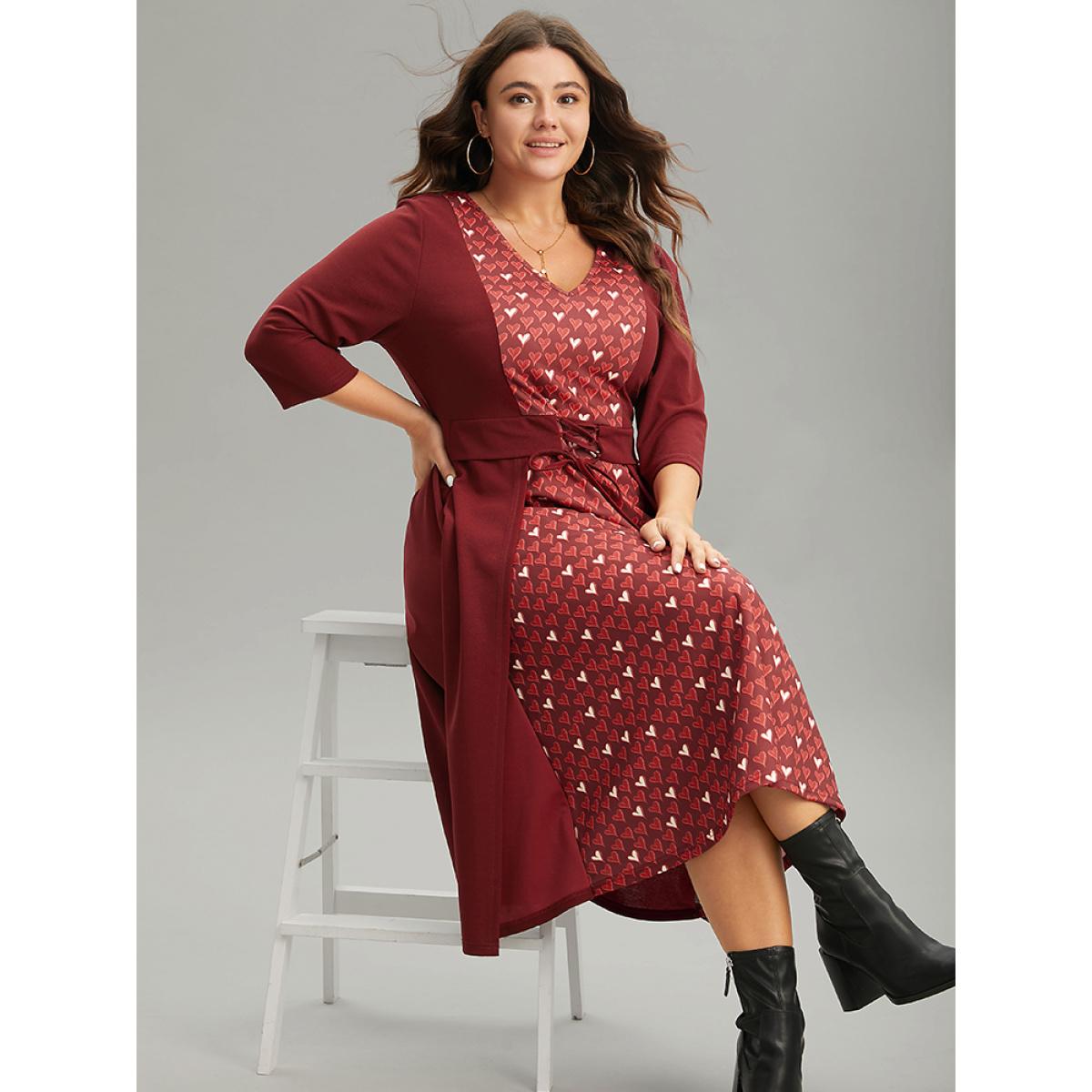 Plus Size Heart Print Patchwork Print Lace Up Ties Dress Scarlet Women Casual Cross straps V-neck Elbow-length sleeve Curvy Midi Dress BloomChic 14-16/1X Product Image