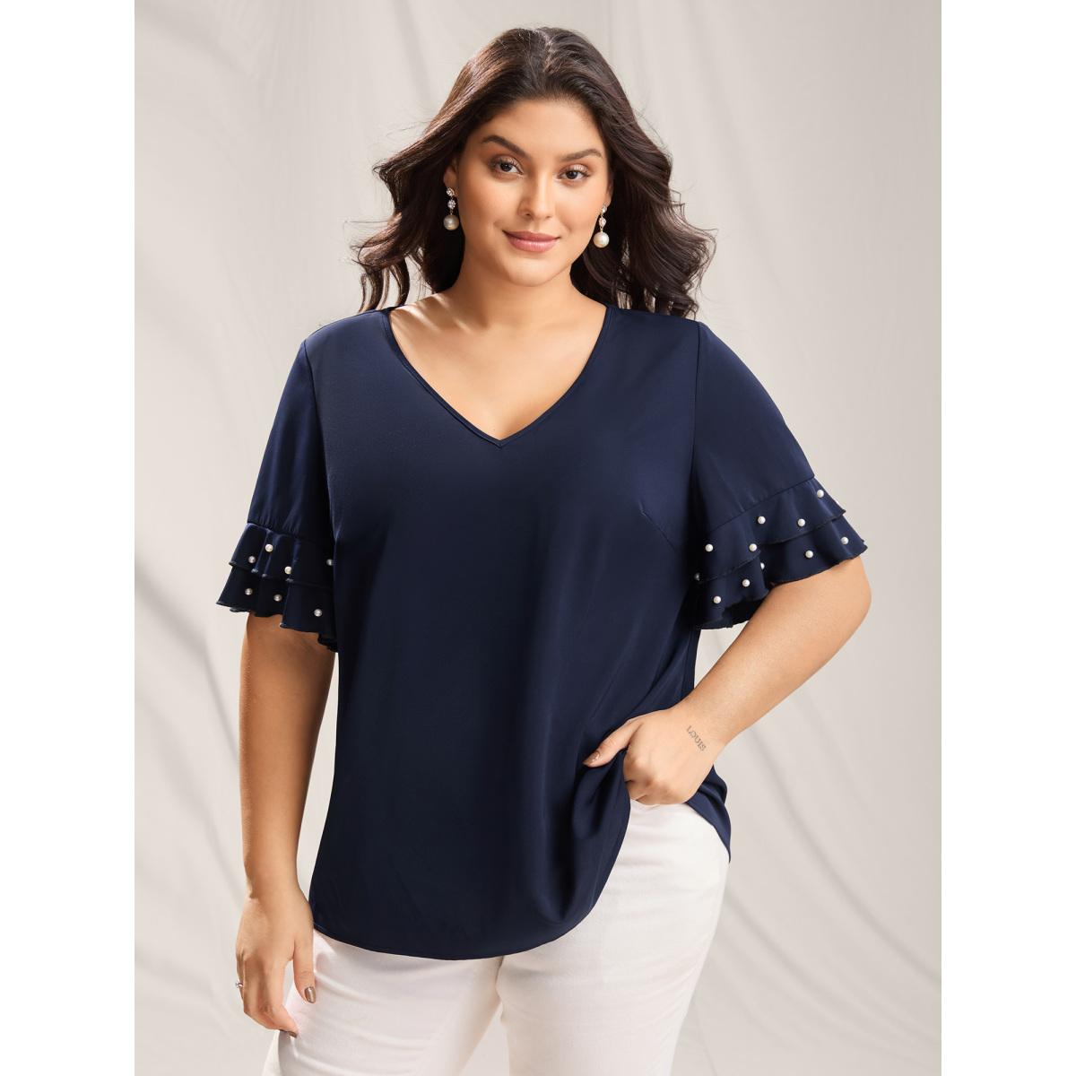 Plus Size Indigo Beaded Layered Sleeve Plain Blouse Women Timeless Short sleeve V-neck Elegant Blouses BloomChic 10/M Product Image