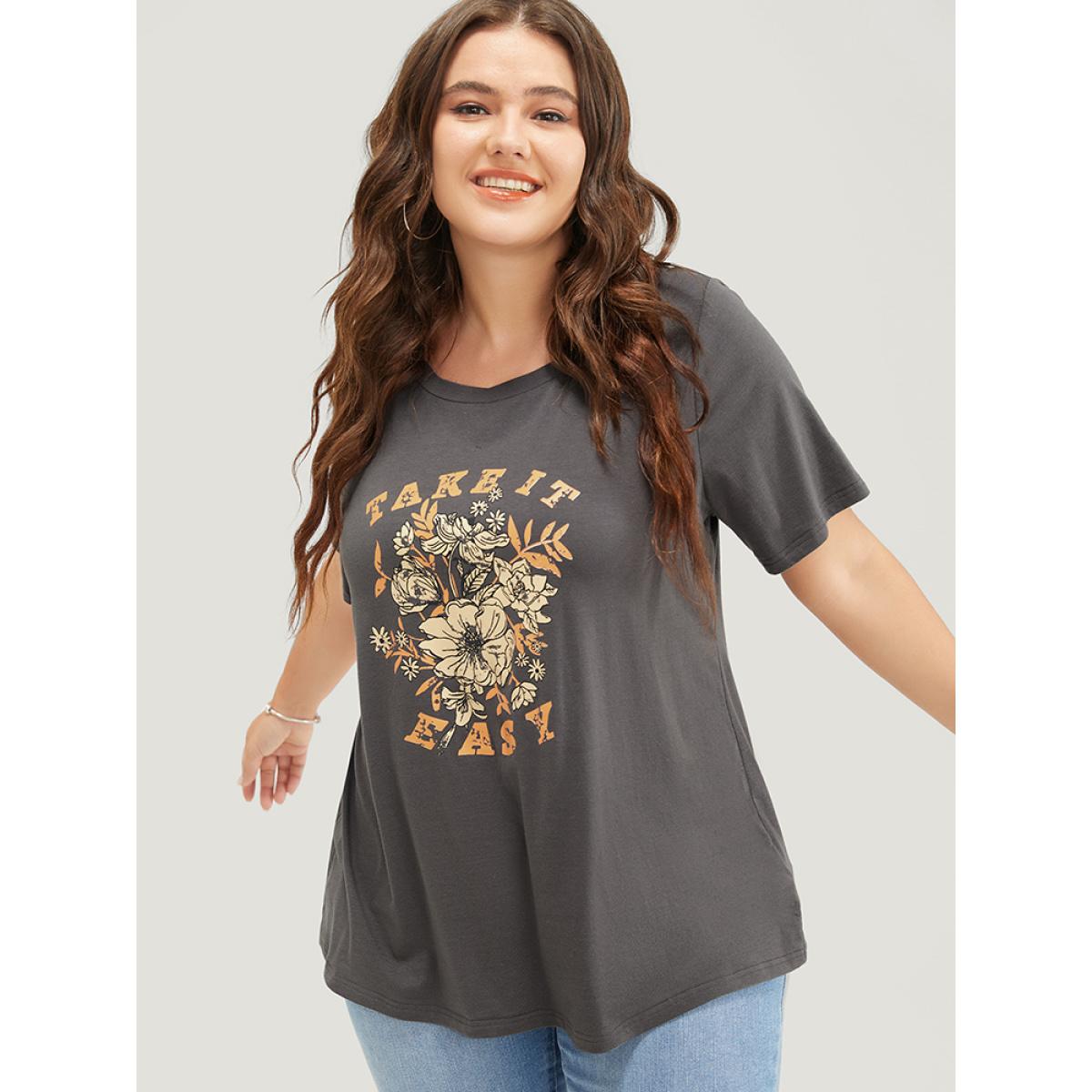 Plus Size Letter & Floral Print Crew Neck T-shirt DimGray Women Casual Natural Flowers Dailywear T-shirts BloomChic 28/5X Product Image