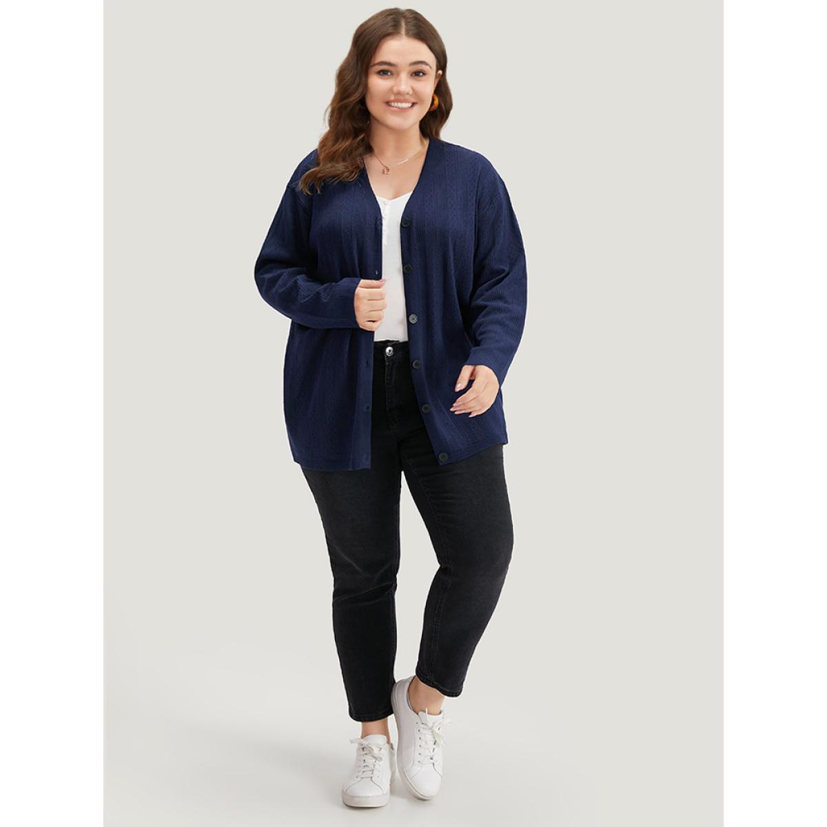 Plus Size Solid Button Down Very Stretchy Cardigan Indigo Women Casual Loose Long Sleeve Everyday Cardigans BloomChic 18-20/2X Product Image