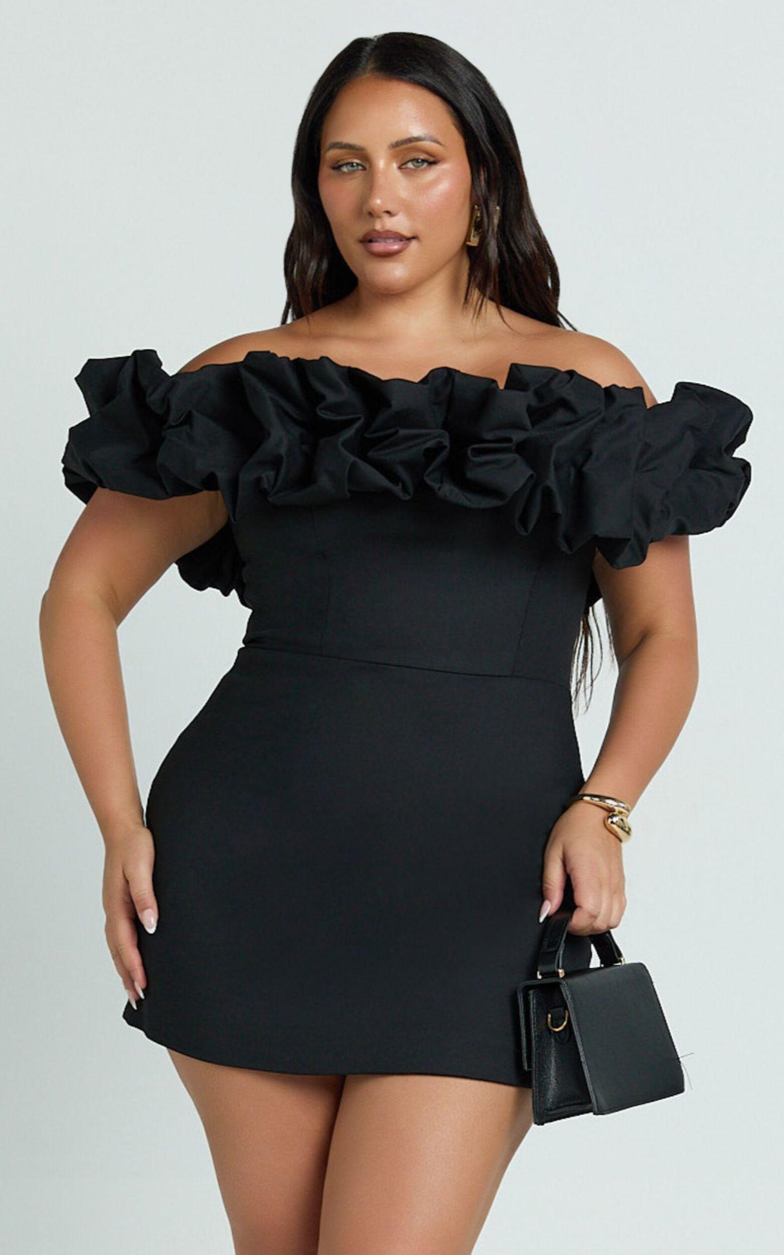 Coraline Mini Dress - Ruffle Off Shoulder Fitted Dress in Black Product Image