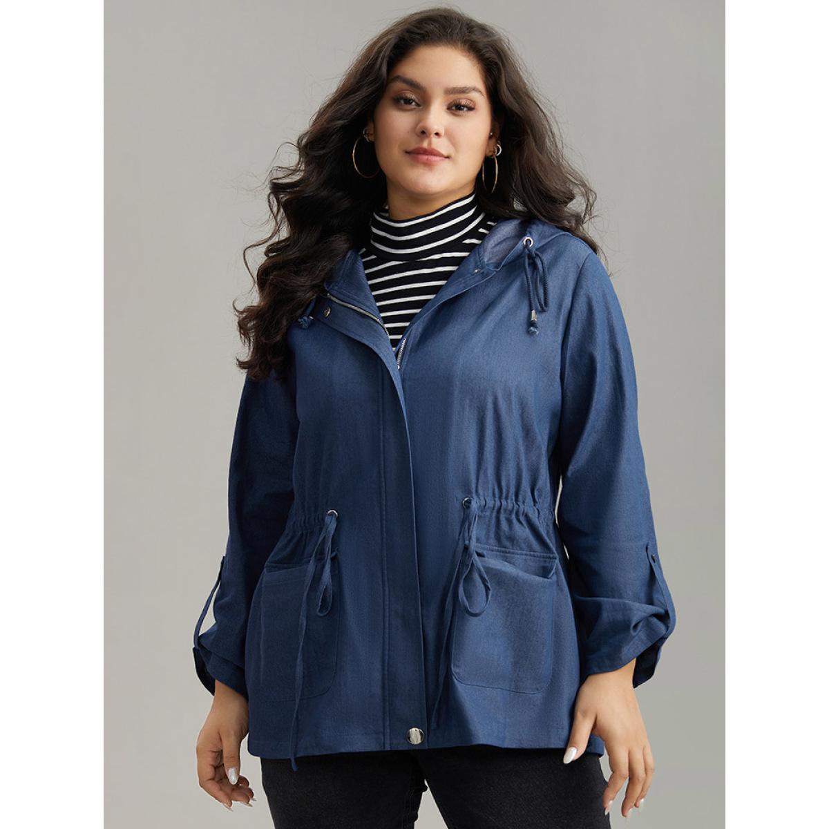 Plus Size Solid Drawstring Knot Zipper Windbreaker Women Indigo Plain Pocket Everyday Jackets BloomChic 12/L Product Image