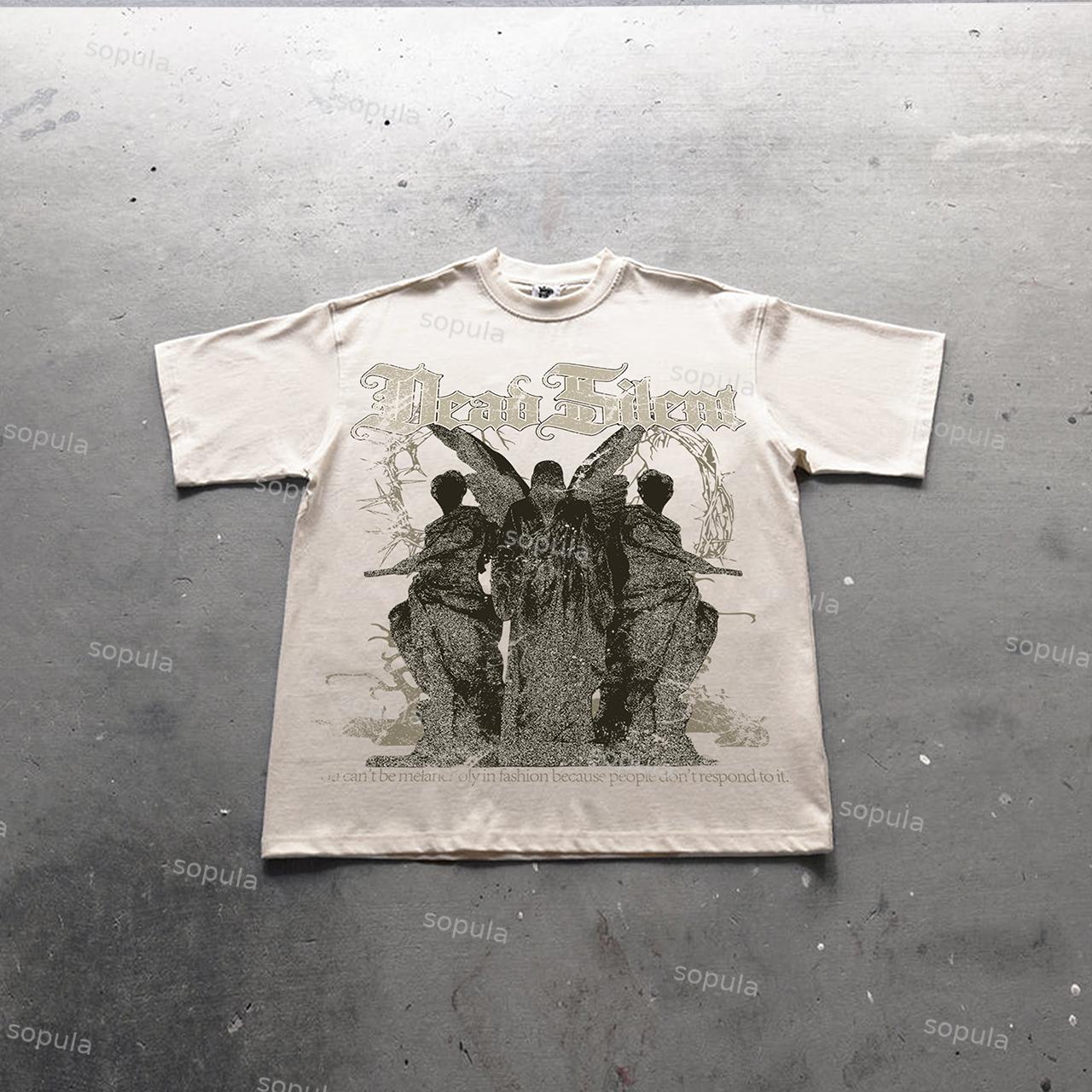 Sopula Evil Angel Retro Mottled Thorn Printing Casual Cotton T-Shirt Product Image