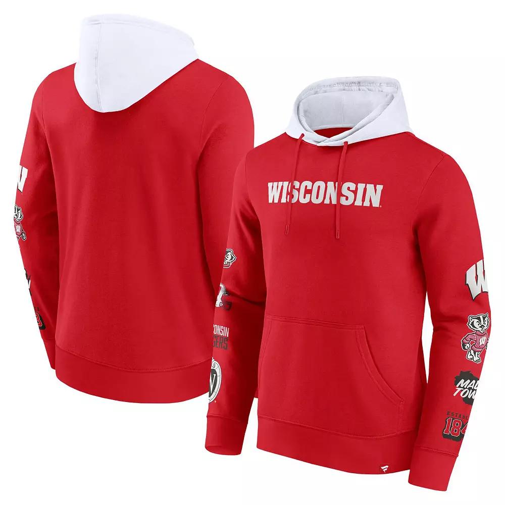 Men's Fanatics Red/White Wisconsin Badgers Color Block Badge Fleece Pullover Hoodie,  Product Image