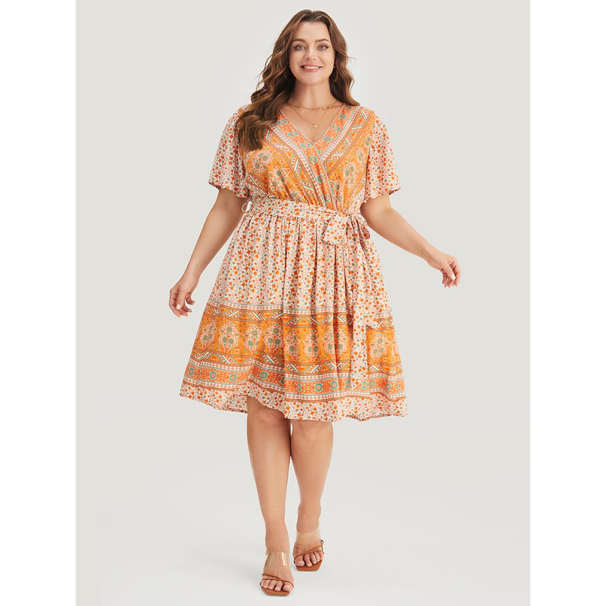Plus Size Bandana Print Belted Pocket Flutter Surplice Neck Knee Dress Orange Women Vacation Pocket V-neck Short sleeve Curvy Knee Dress BloomChic 14-16/1X Product Image