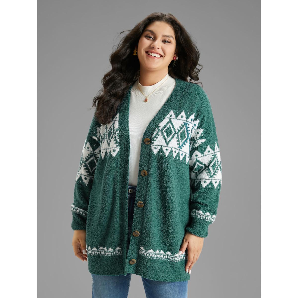 Plus Size Fuzzy Geo Graphic Button Fly Cardigan DarkGreen Women Casual Loose Long Sleeve Festival-Christmas Cardigans BloomChic 26/4X Product Image