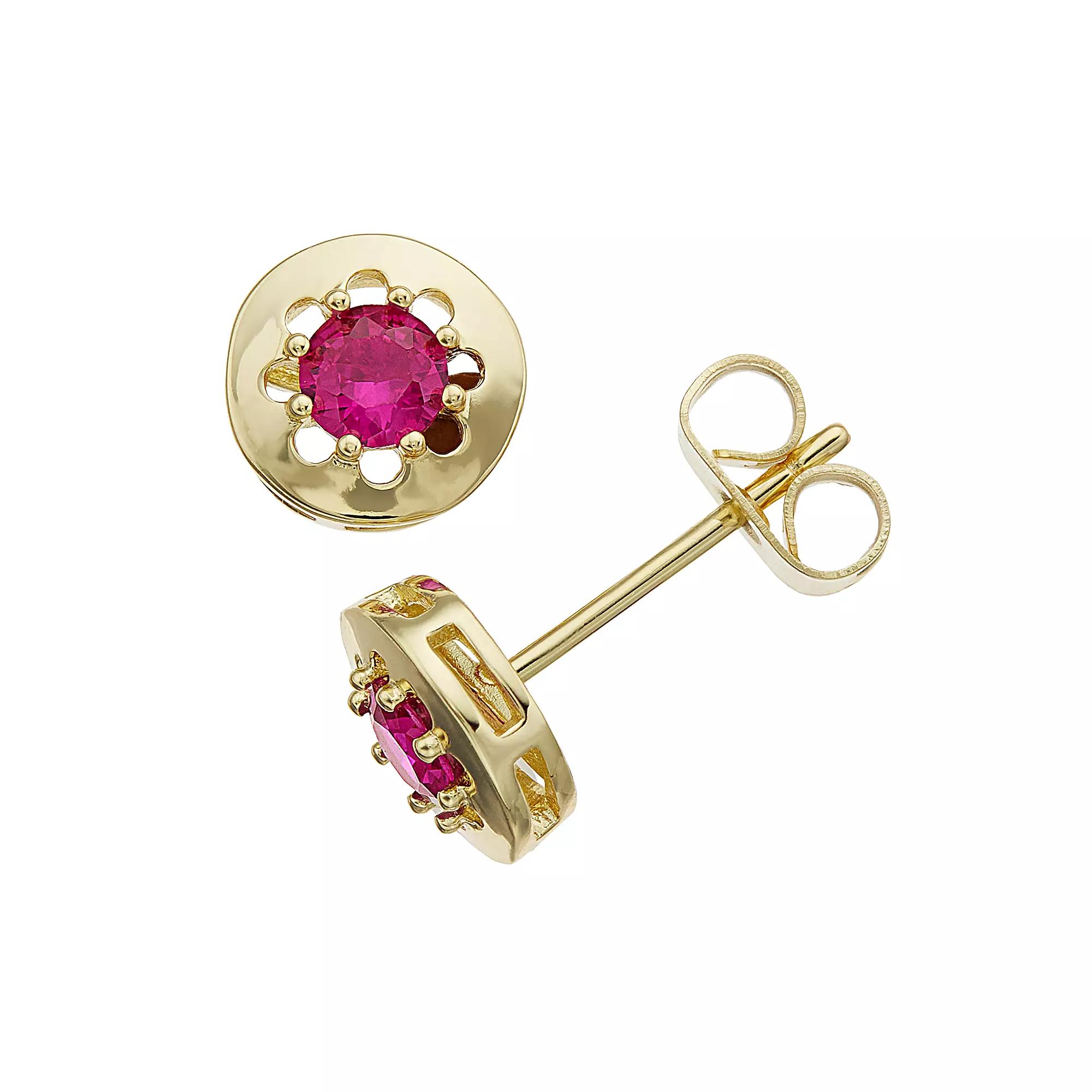 Sterling Silver 14k Gold Plated Red Cubic Zirconia Round Solitaire Bezel Stud Earrings, Womens, Pink Product Image