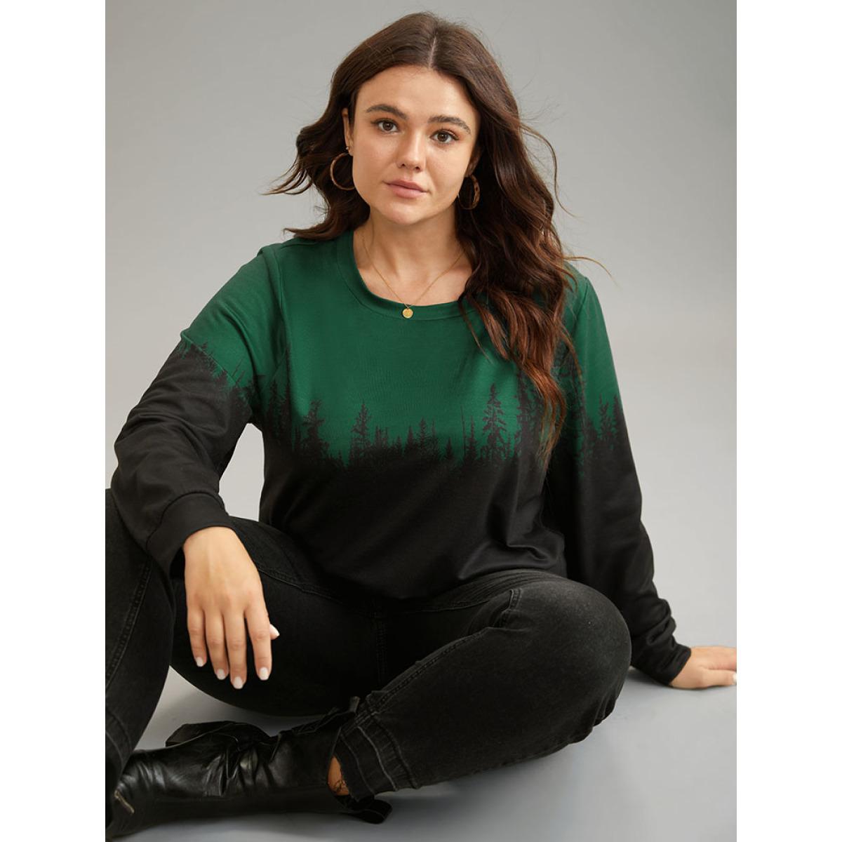 Plus Size Ombre Forest Contrast Crew Neck Sweatshirt Women DarkGreen Casual Printed Round Neck Dailywear Sweatshirts BloomChic 22-24/3X Product Image