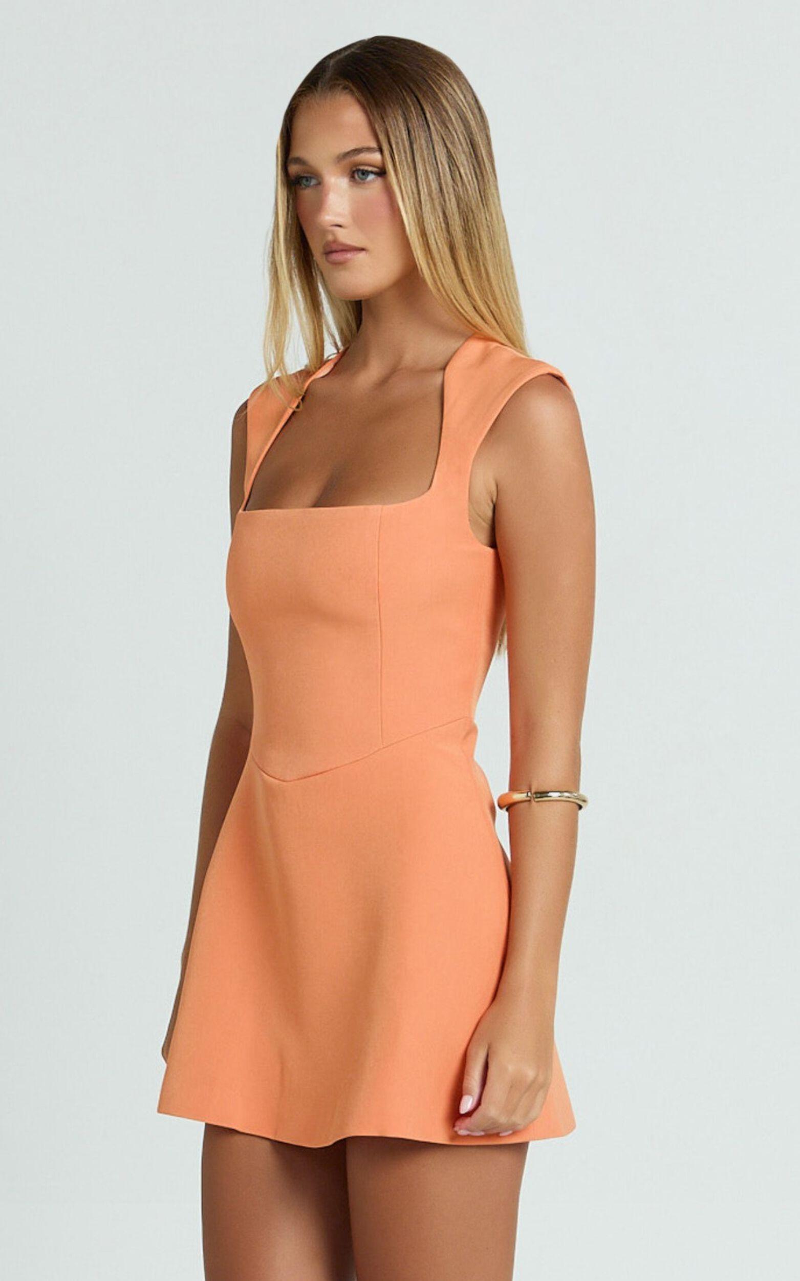 Sakura Mini Dress - Square Neck Wide Strap Corset Waist A Line Skirt Dress in Orange Product Image
