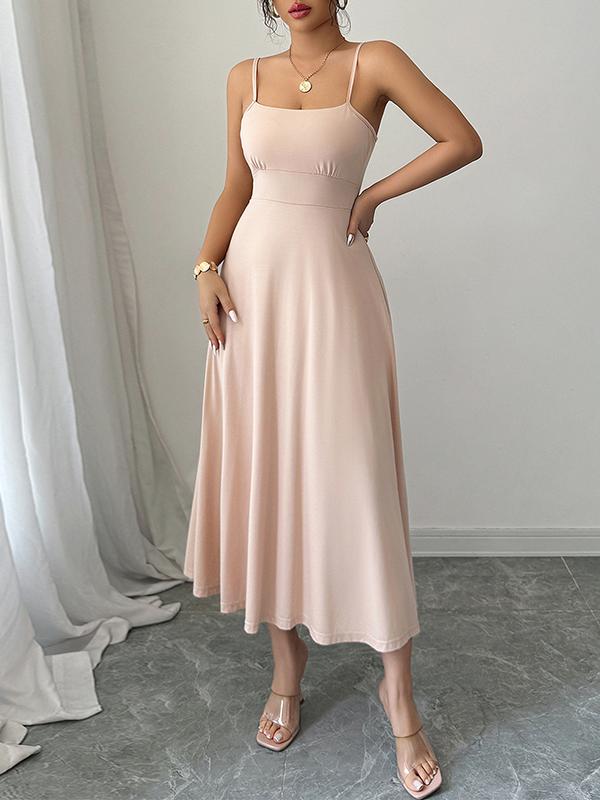 A-Line High Waisted Backless Pleated Solid Color Spaghetti-Neck Midi Dresses Product Image