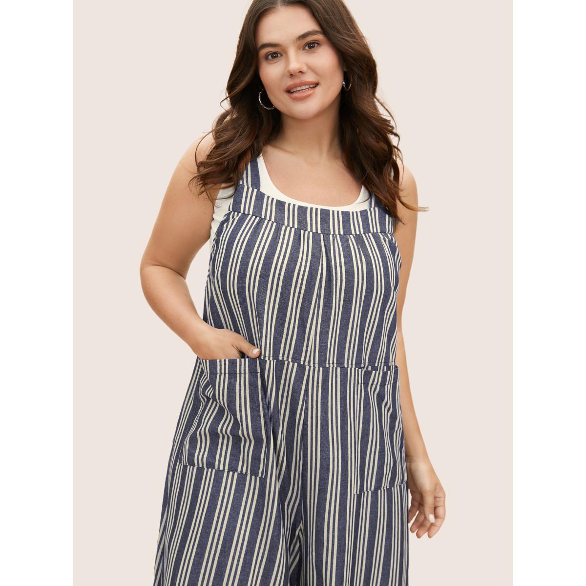 Plus Size DarkBlue Cotton Striped Patched Pocket Loose Jumpsuit Women Casual Sleeveless Non Everyday Loose Jumpsuits BloomChic 18-20/2X Product Image