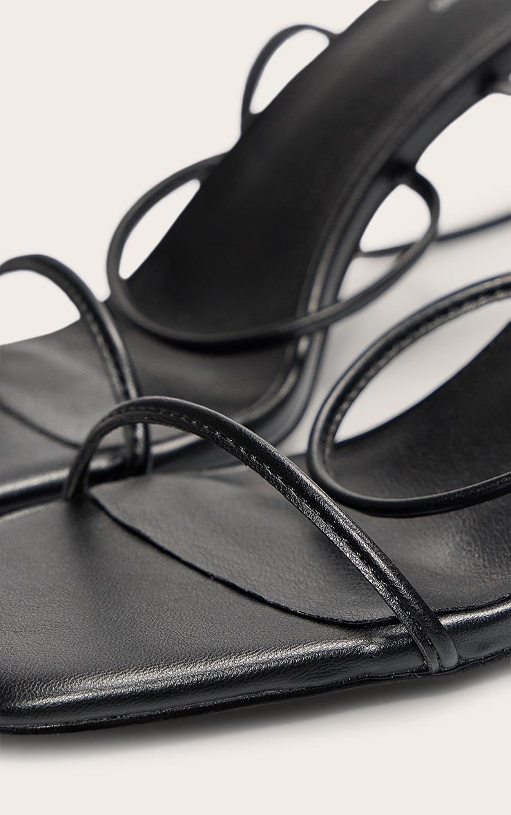 Black Pu Square Toe Strappy Lace Up Mid Stiletto Heeled Sandals Product Image