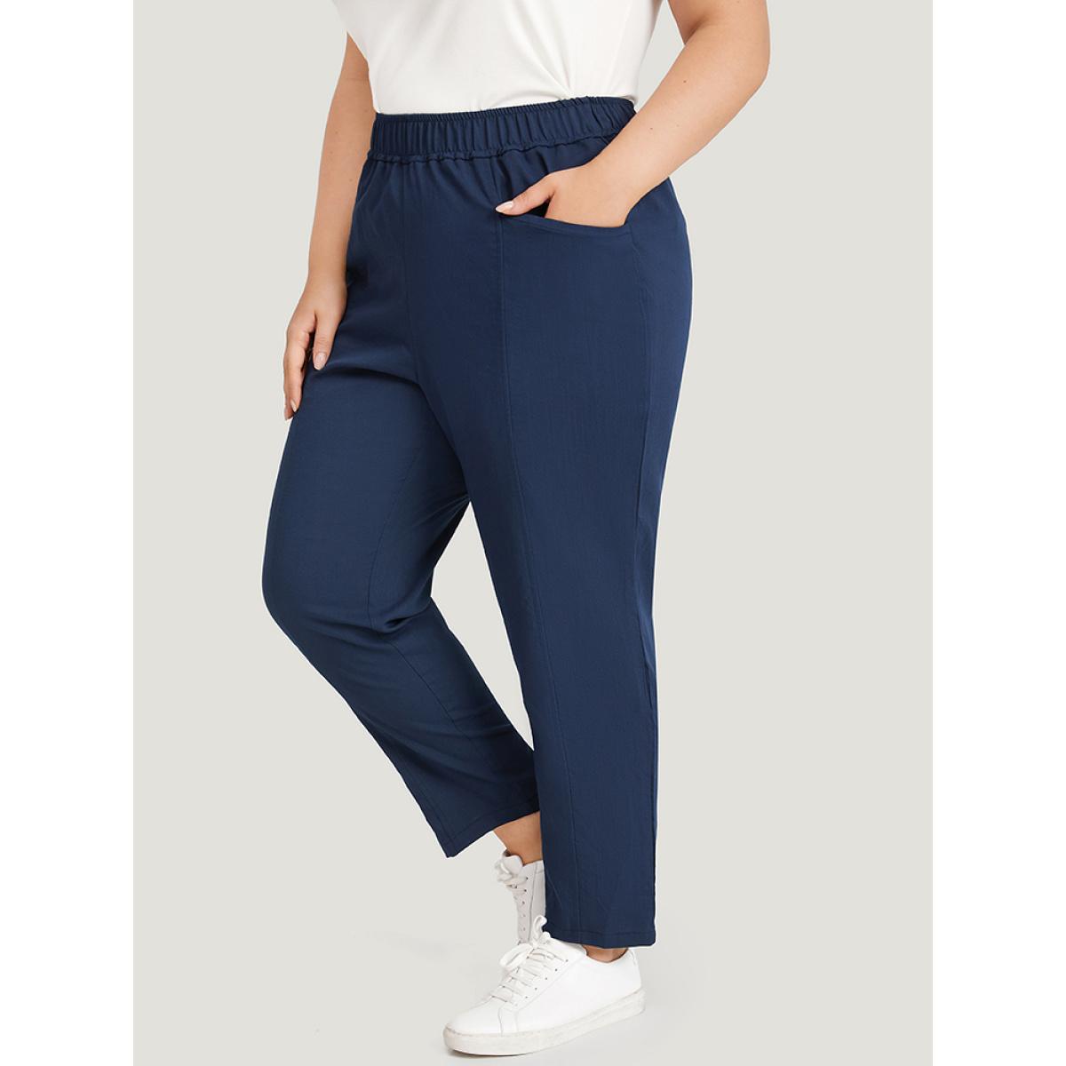 Plus Size Solid Elastic Waist Pocket High Rise Pants Women Indigo Casual High Rise Dailywear Pants BloomChic 18-20/2X Product Image