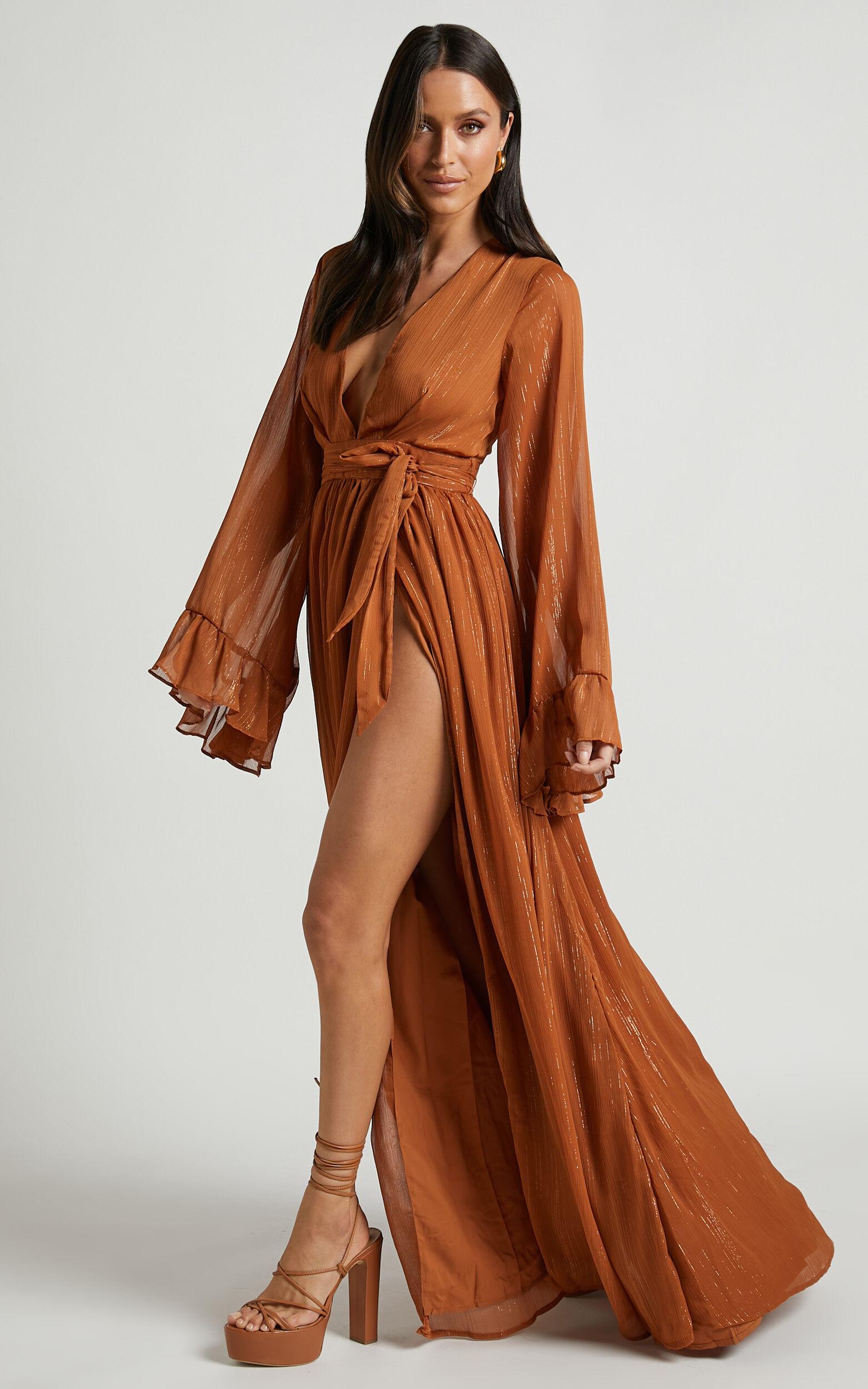 Dangerous Woman Maxi Dress - Plunge Thigh Split Dress in Rust Product Image
