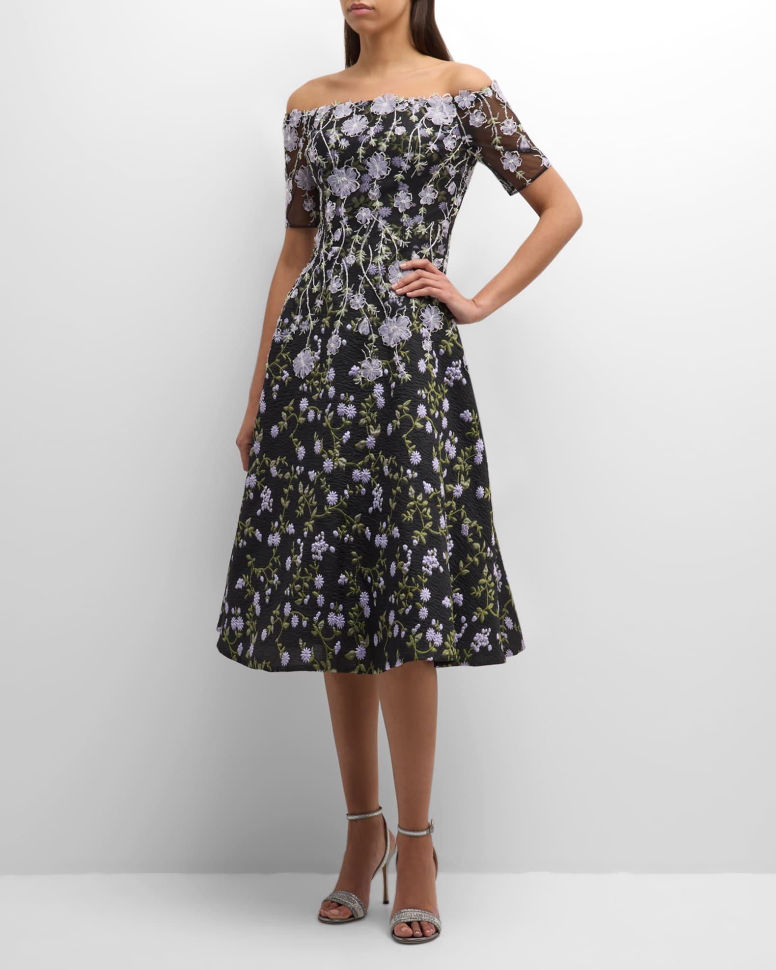 Floral-Embroidered Off-Shoulder Midi Dress Product Image