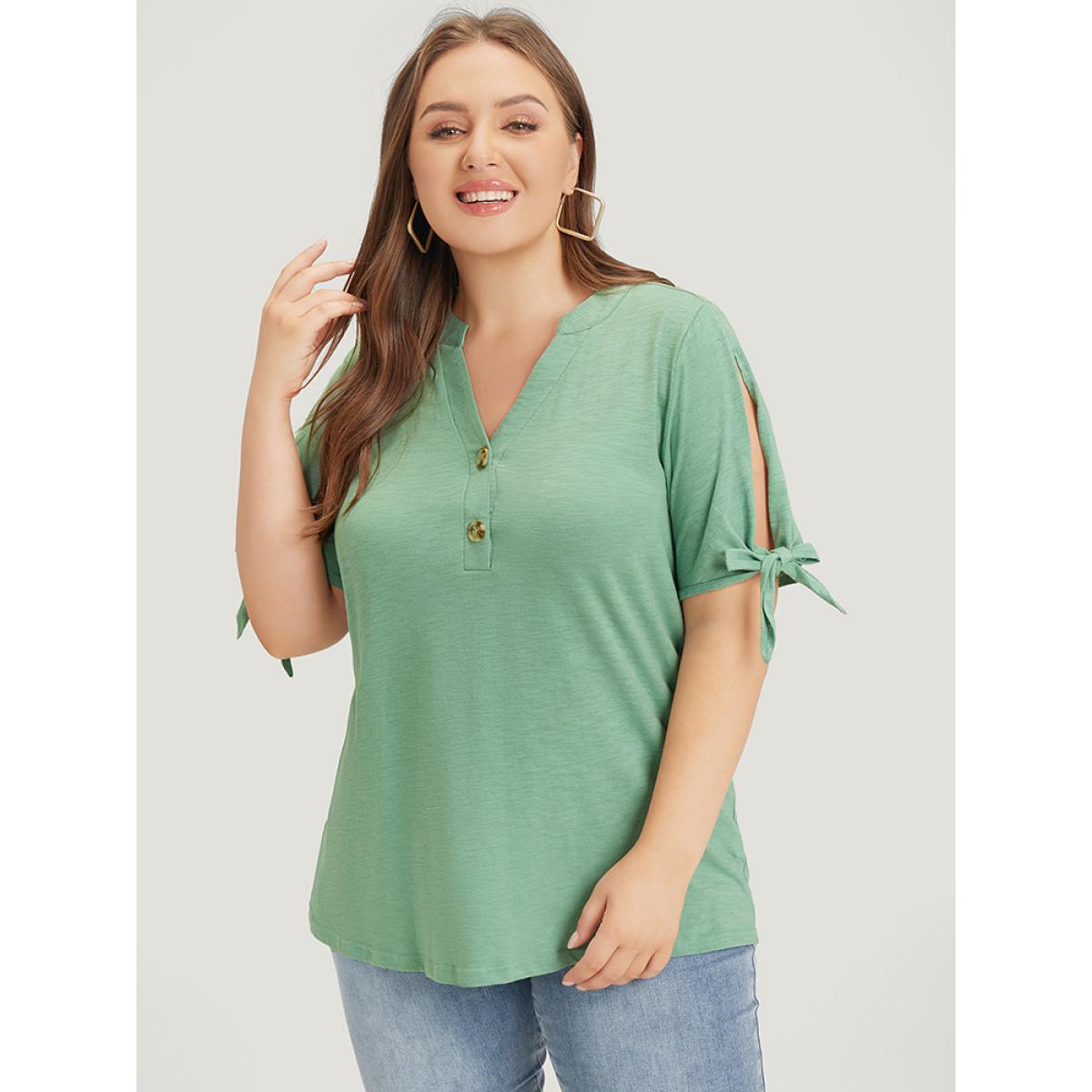 Plus Size Solid Button Up Notched Knot Sleeve Cut Out T-shirt Mint Women Casual Heather Plain Notched collar Dailywear T-shirts BloomChic 22-24/3X Product Image