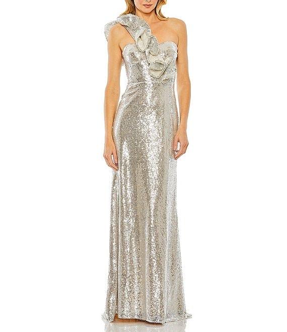 Mac Duggal Sequin Ruffle One Shoulder Sleeveless Gown Product Image