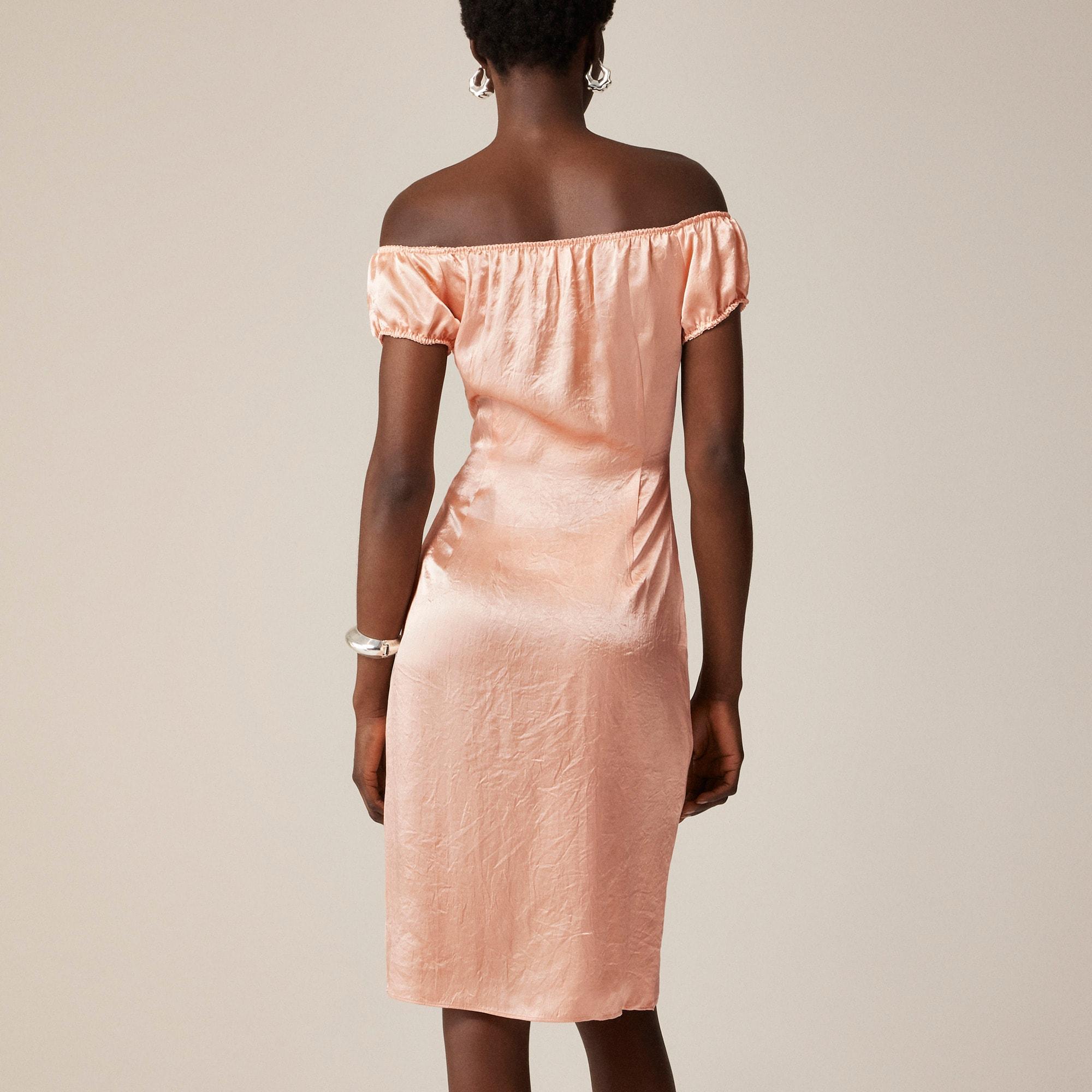 Off-the-shoulder slip dress in textured satin Product Image