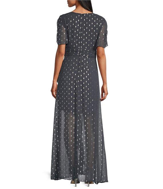 Ignite Evenings Foil Print Surplice V-Neck Capelet Sleeves Cascade Ruffle A-Line Dress Product Image