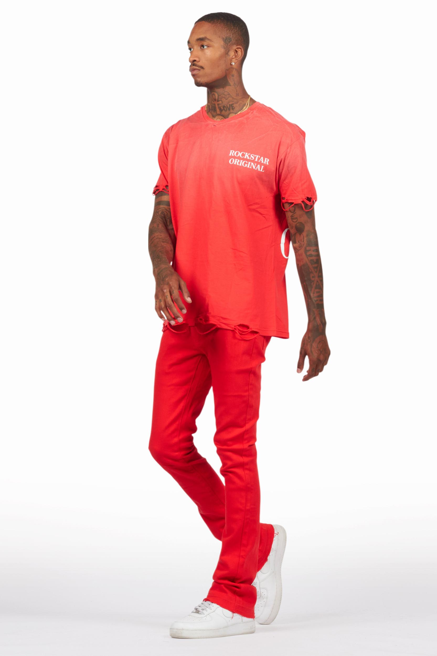 Drako Red/White Oversized Graphic T-Shirt/Dag Stacked Flare Jean Set Male Product Image