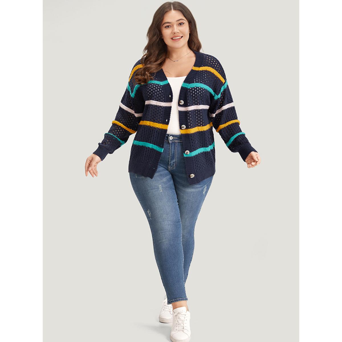 Plus Size Contrast Striped Button Through Hollow Out Cardigan Indigo Women Casual Loose Long Sleeve Everyday Cardigans BloomChic 22-24/3X Product Image