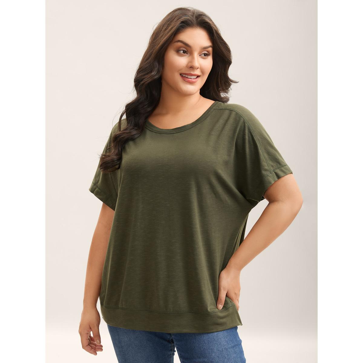 Plus Size Backless Plain Flowy T-Shirt ArmyGreen Women Overlapping Round Neck Everyday-Casual T-shirts BloomChic 12/L Product Image