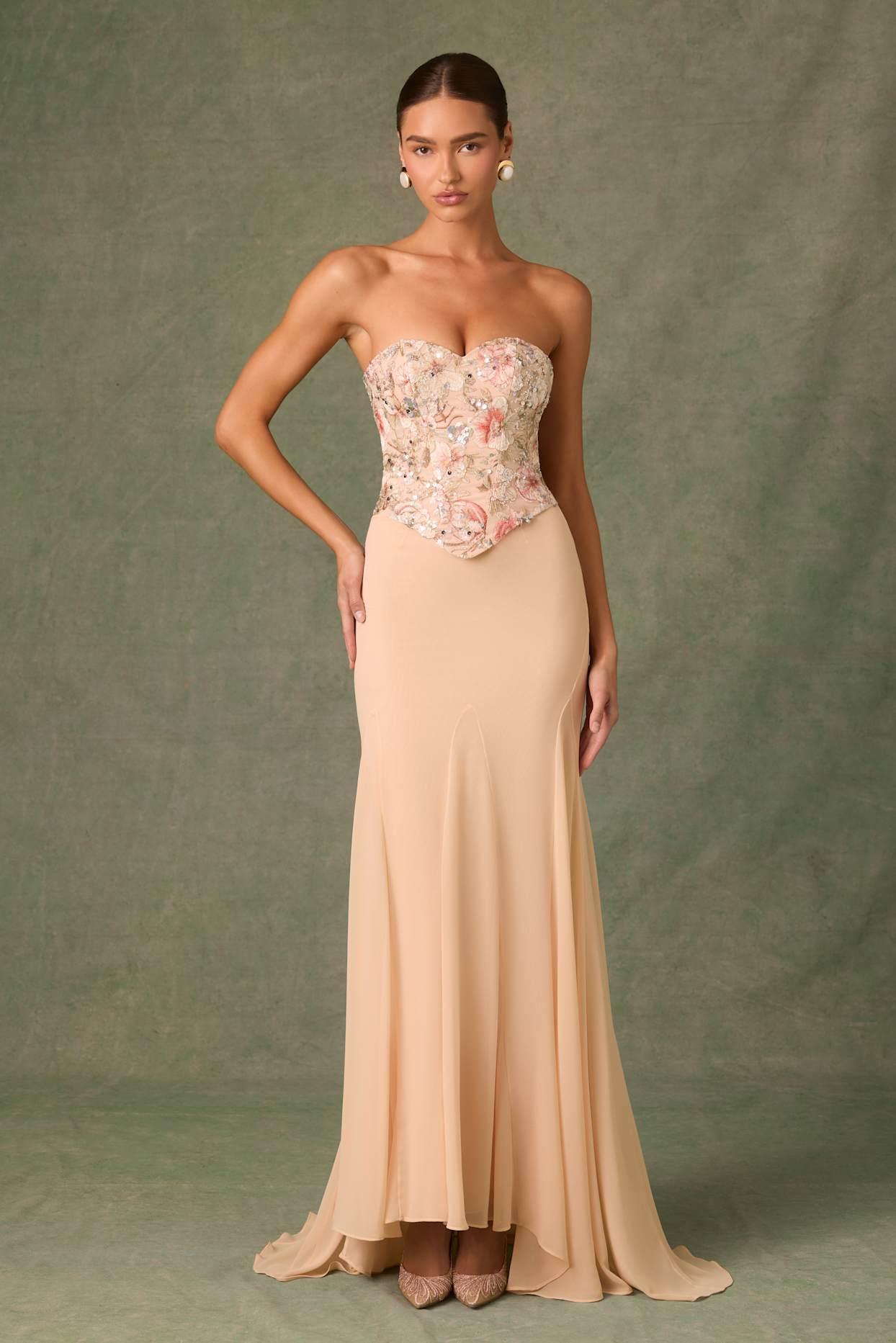 Embellished Corset Fishtail Gown in Floral Beige Product Image