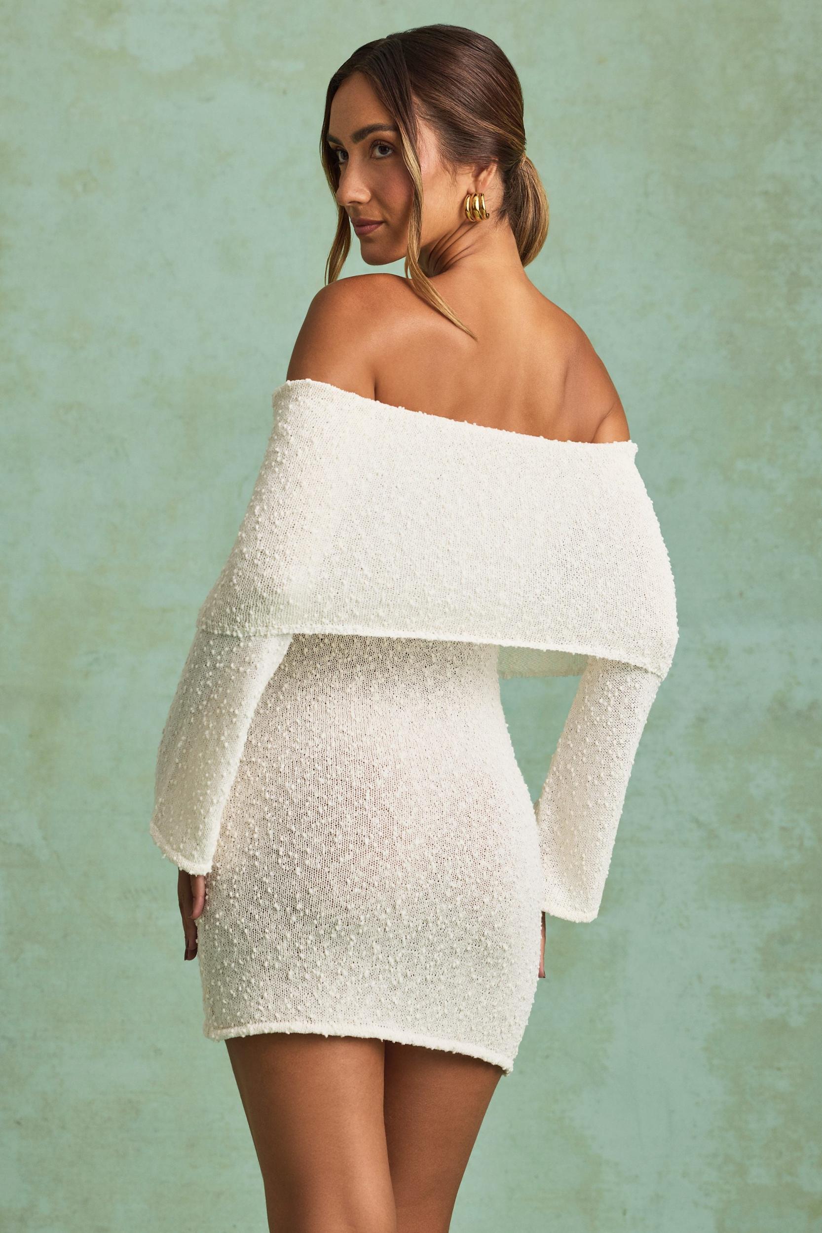Bouclé Off-Shoulder Mini Dress in White Product Image