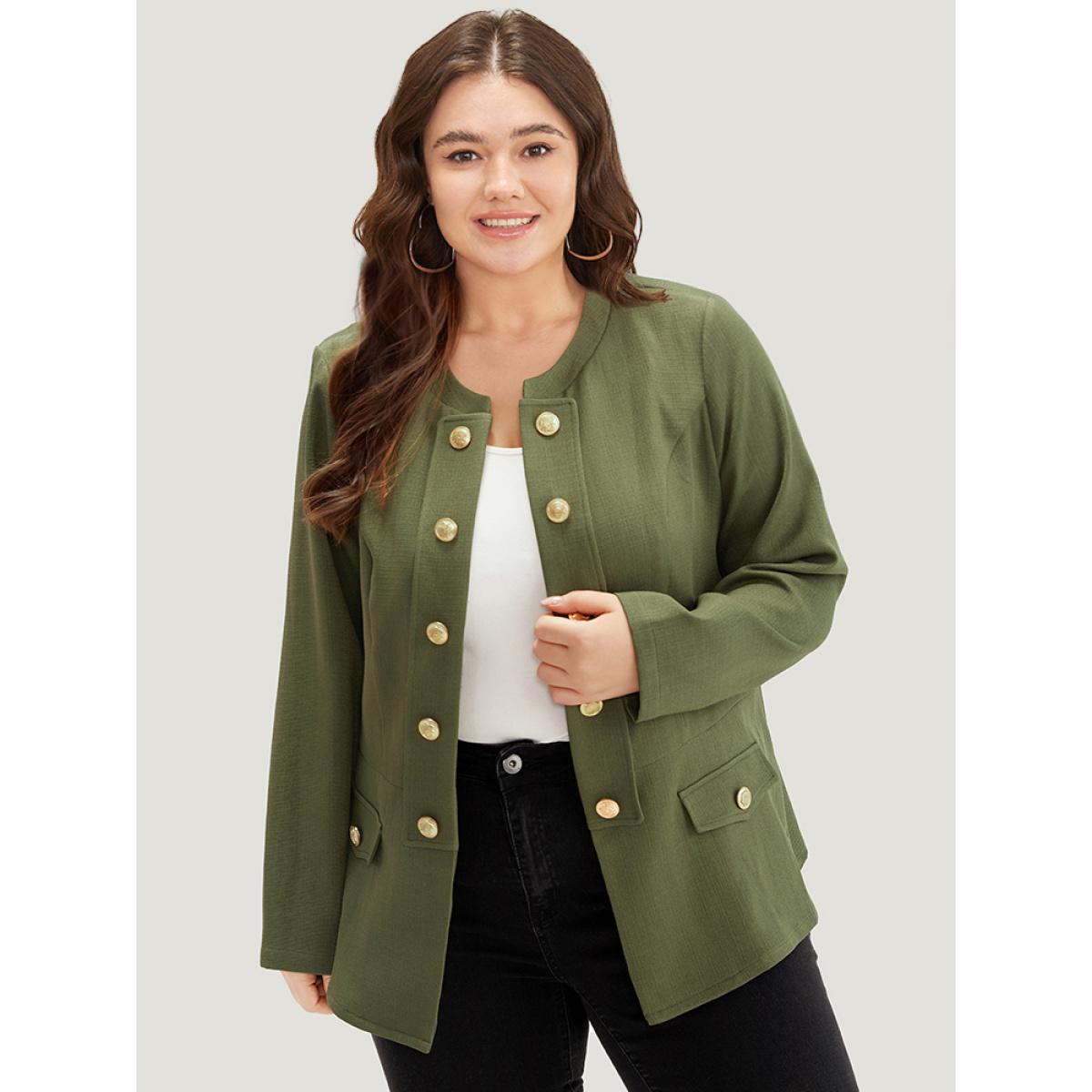 Plus Size Plain Double Breasted Pocket Coat Women ArmyGreen Casual Plain Ladies Dailywear Winter Coats BloomChic 12/L Product Image