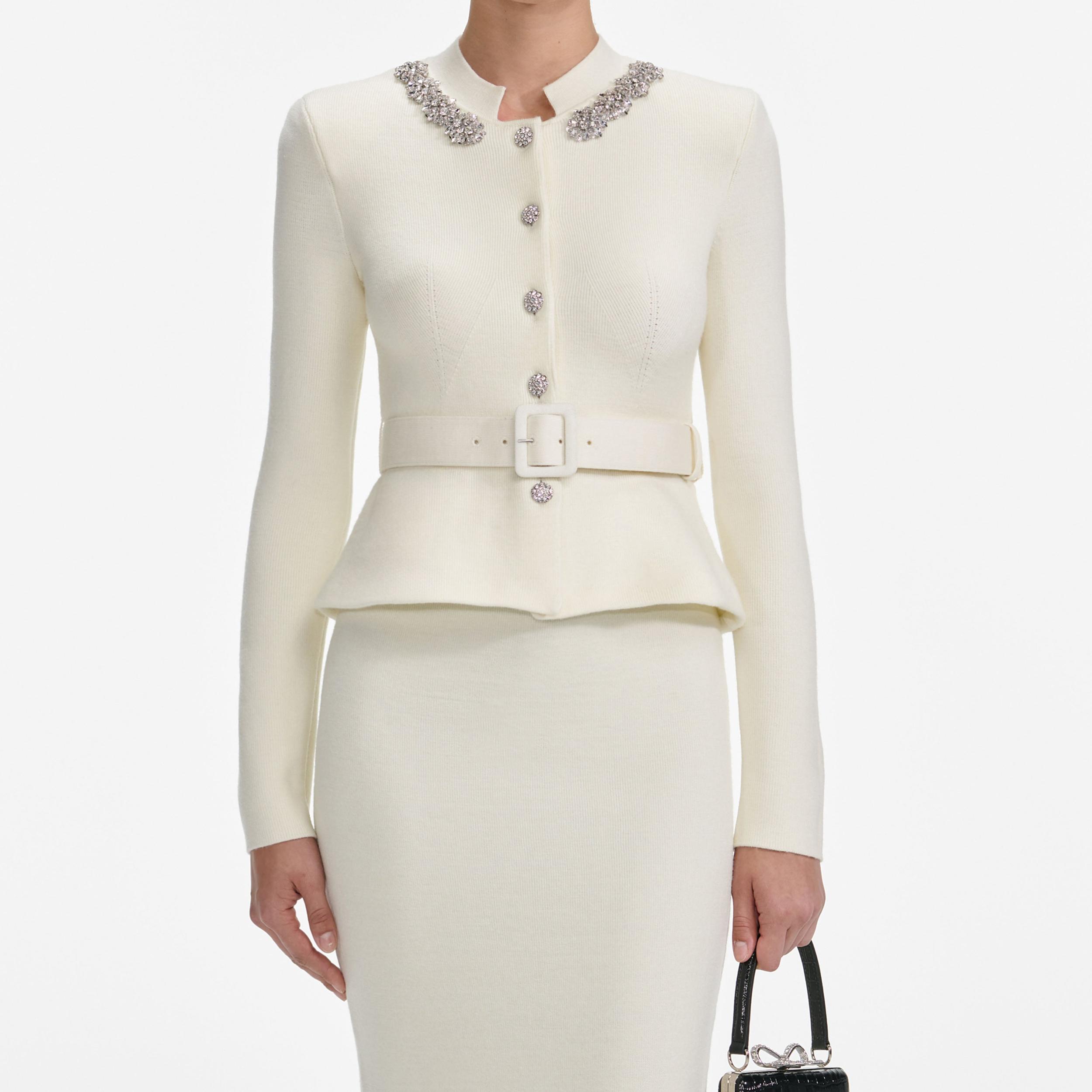 Cream Wool Peplum Knit Midi Dress Product Image
