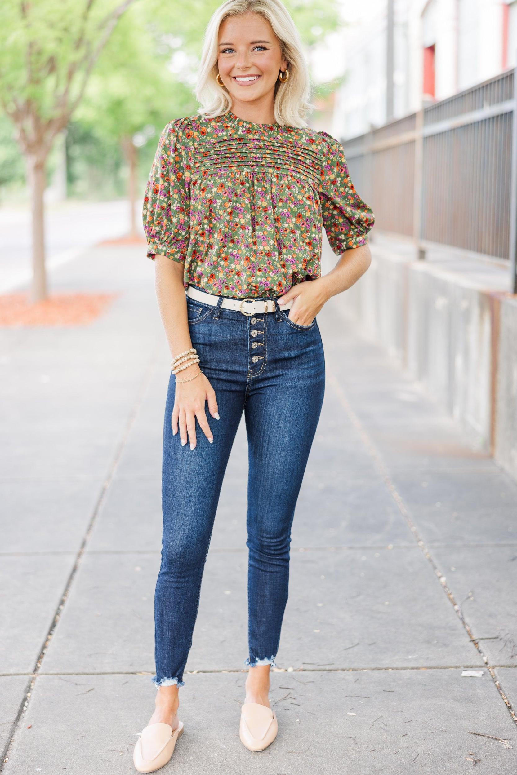 Make A Choice Olive Green Ditsy Floral Blouse Female Product Image