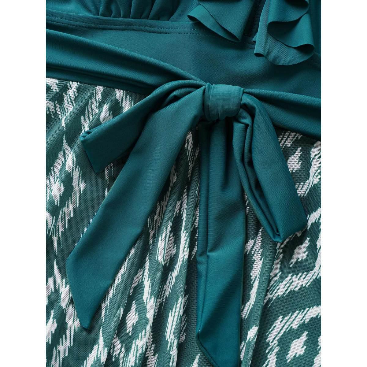 Plus Size Geometric Patchwork See Through Ruffles Swim Dress Women's Swimwear DarkGreen Beach Bodycon V-neck High stretch Curve Swim Dresses BloomChic 28/5X Product Image