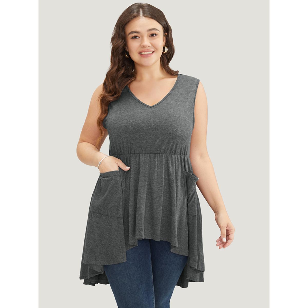Plus Size Plain Ruffle Pocket High Low Hem Tank Top Women DarkGray Elegant Ruffles V-neck Dailywear Tank Tops Camis BloomChic 10/M Product Image