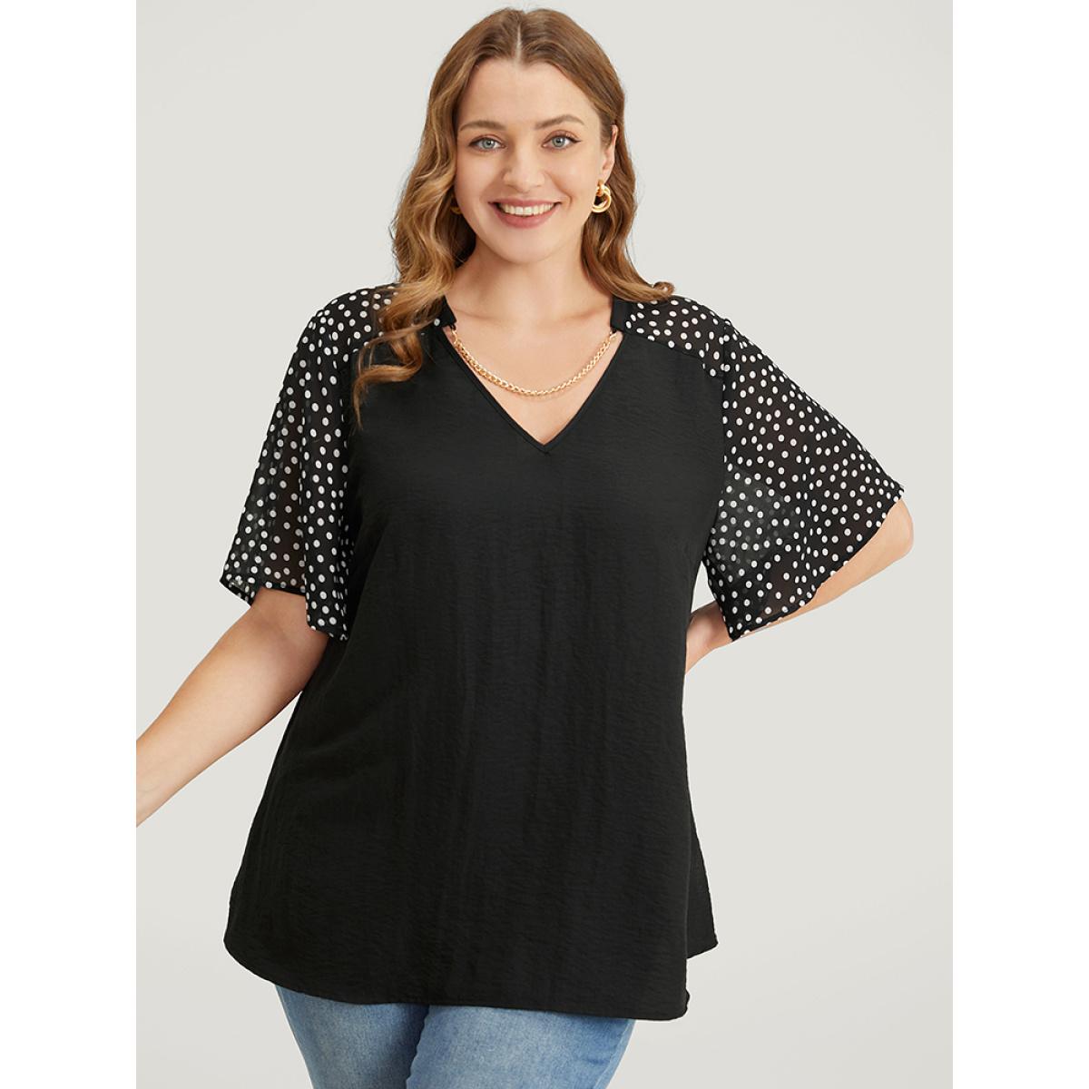 Plus Size Black Polka Dot Patchwork Flutter Sleeve Chain Detail Blouse Women Elegant Short sleeve V-neck Dailywear Blouses BloomChic 30/6X Product Image