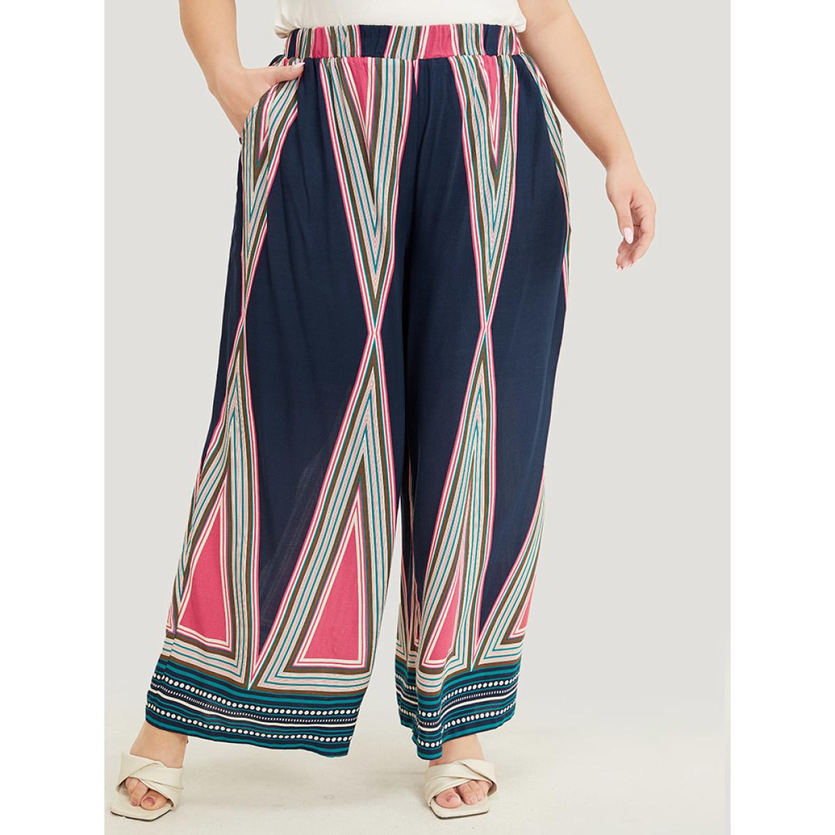 Plus Size Geometric Print Pocket Wide Leg Pants Women Indigo Vacation Loose High Rise Dailywear Pants BloomChic 22-24/3X Product Image