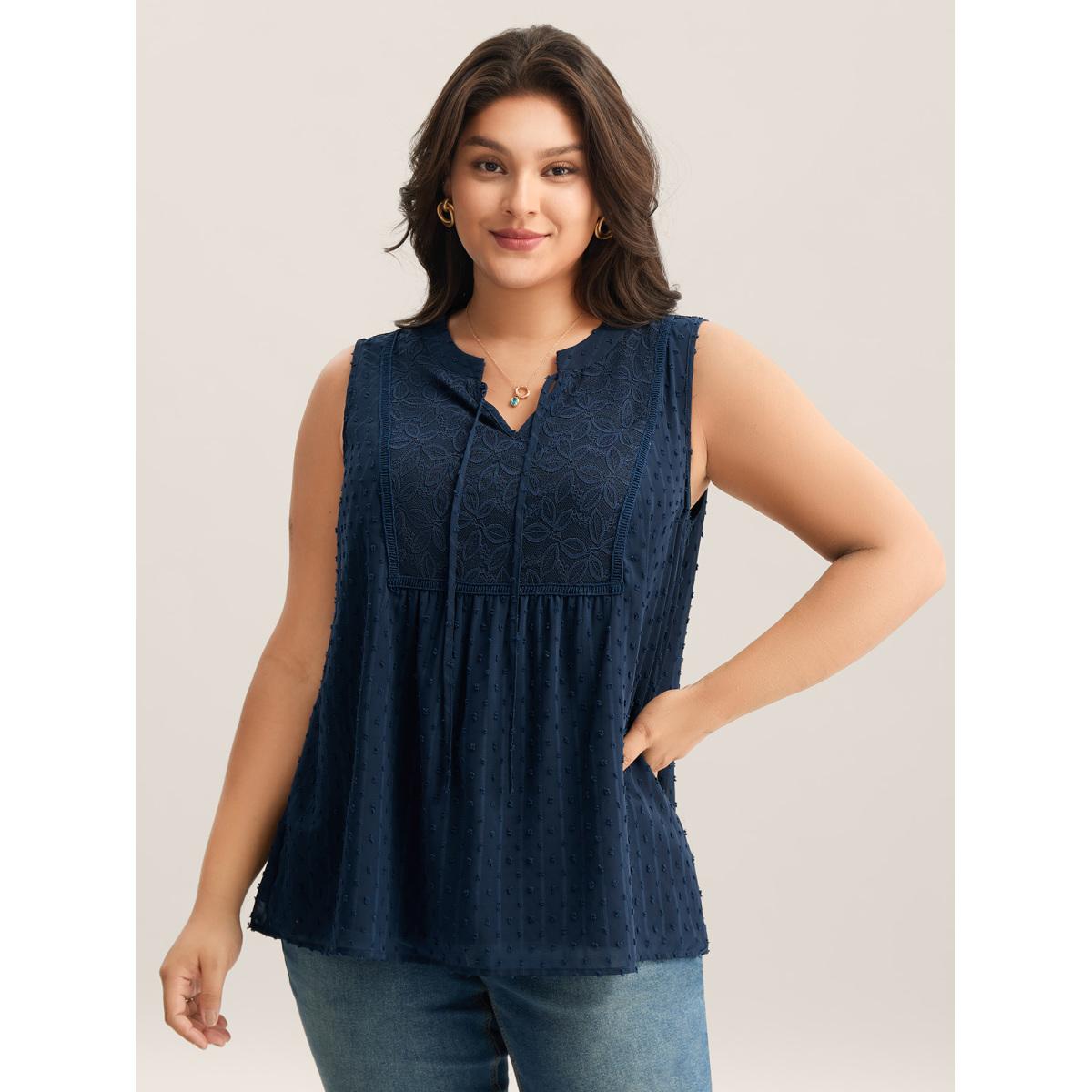 Plus Size Textured Lace Detail Neck Tie Sleeveless Top Women DarkBlue Timeless Woven ribbon&lace trim Flat collar with V-notch Elegant Tank Tops Camis BloomChic 12/L Product Image