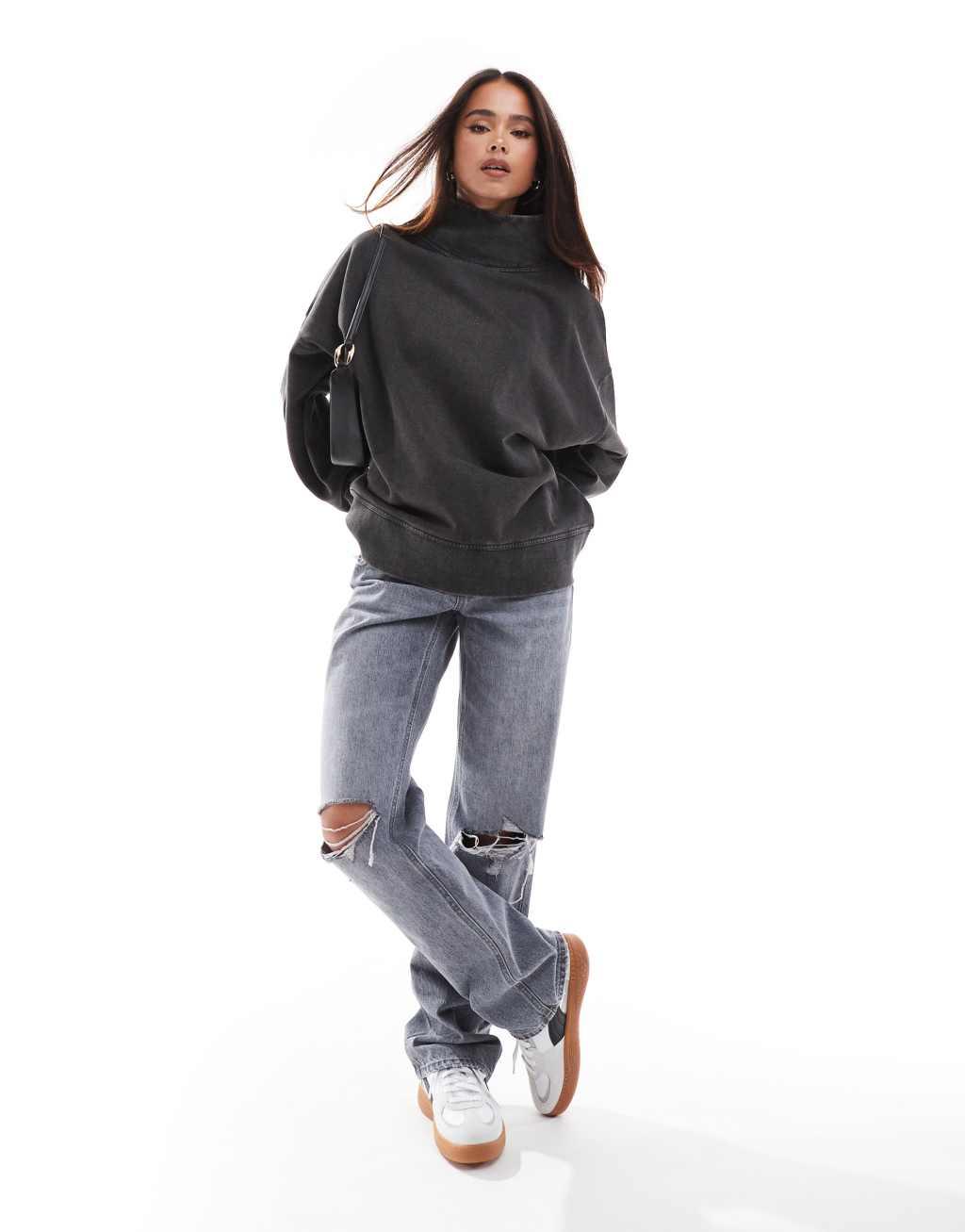 ASOS DESIGN heavyweight high neck sweatshirt in washed charcoal Product Image