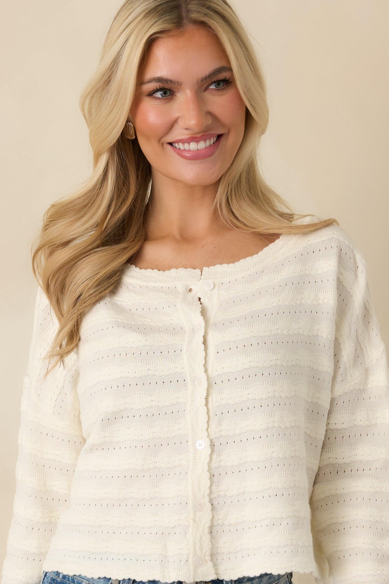 Away We Go Ivory Textured Knit Button Front Cardigan L / White Product Image