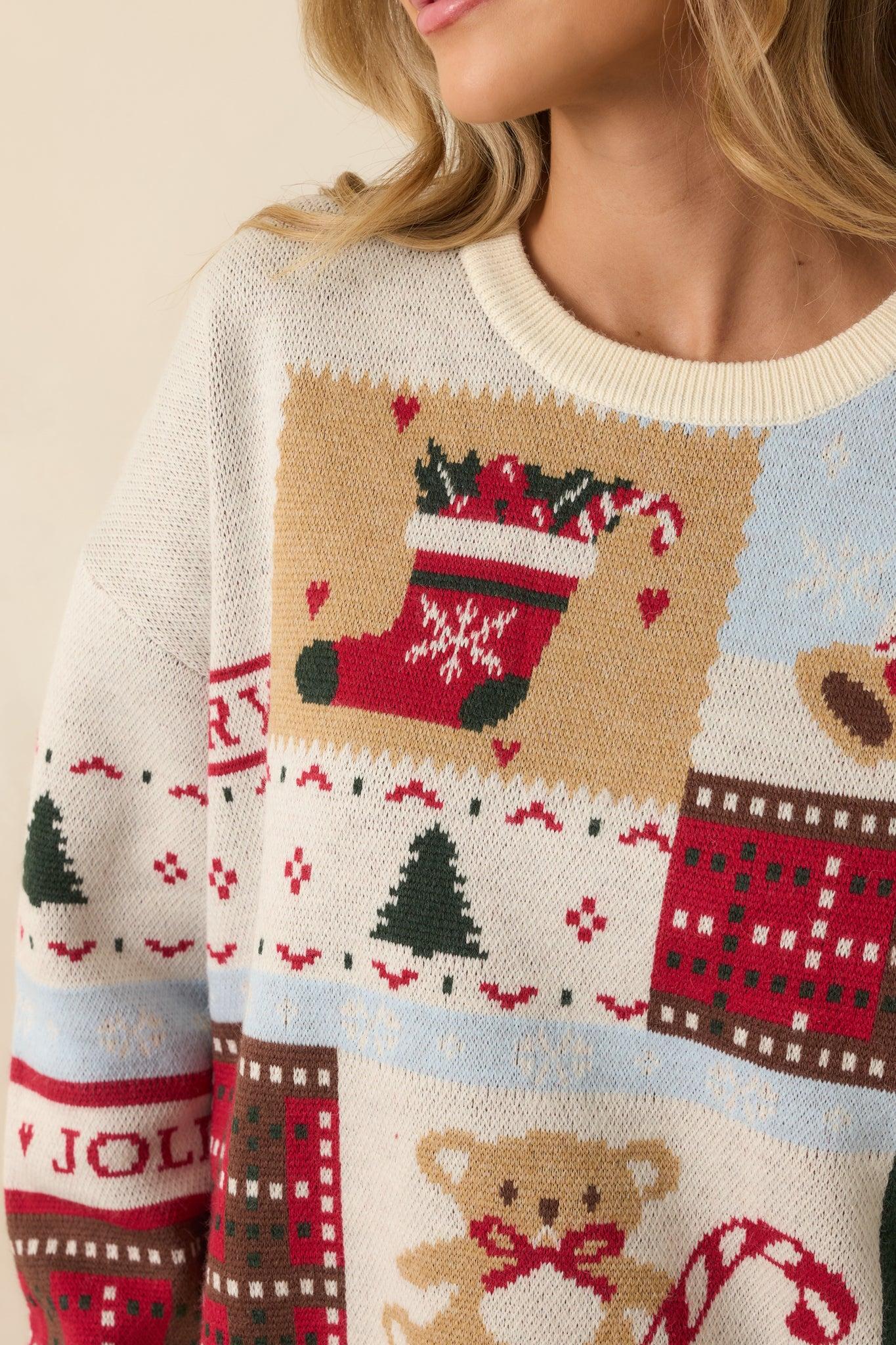 Oh So Merry White Multi Knit Christmas Patchwork Print Sweater L / Multi Product Image