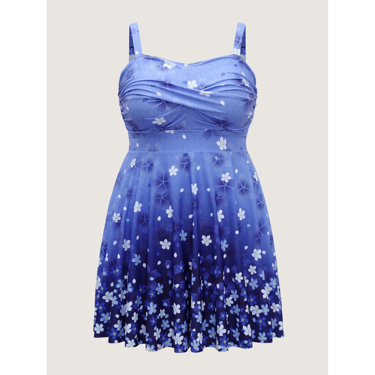 Plus Size Floral Print Twist Front Ombre Swim Dress Women's Swimwear Mediumblue Resort Bodycon Heart neckline High stretch Curve Swim Dresses BloomChic 22-24/3X Product Image