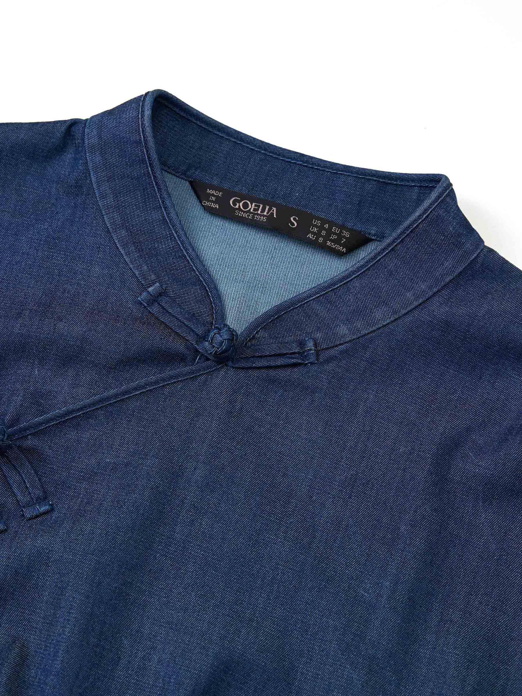 Tencel Blend Denim Side Twist Women Qipao Midi Dress Product Image