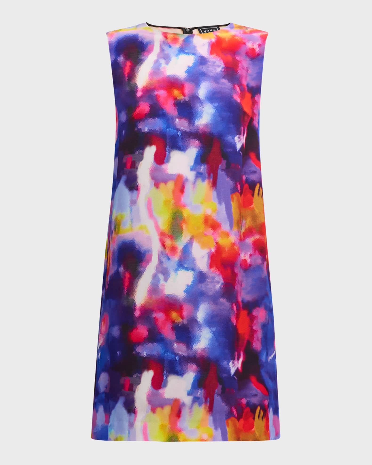 Blur-Print Silk Sleeveless Mini Shift Dress Product Image
