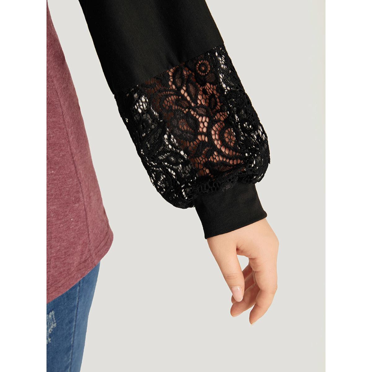 Plus Size Round Neck Lace Patchwork Raglan Sleeve T-shirt Russet Women Elegant Elastic cuffs Plain Round Neck Dailywear T-shirts BloomChic 28/5X Product Image