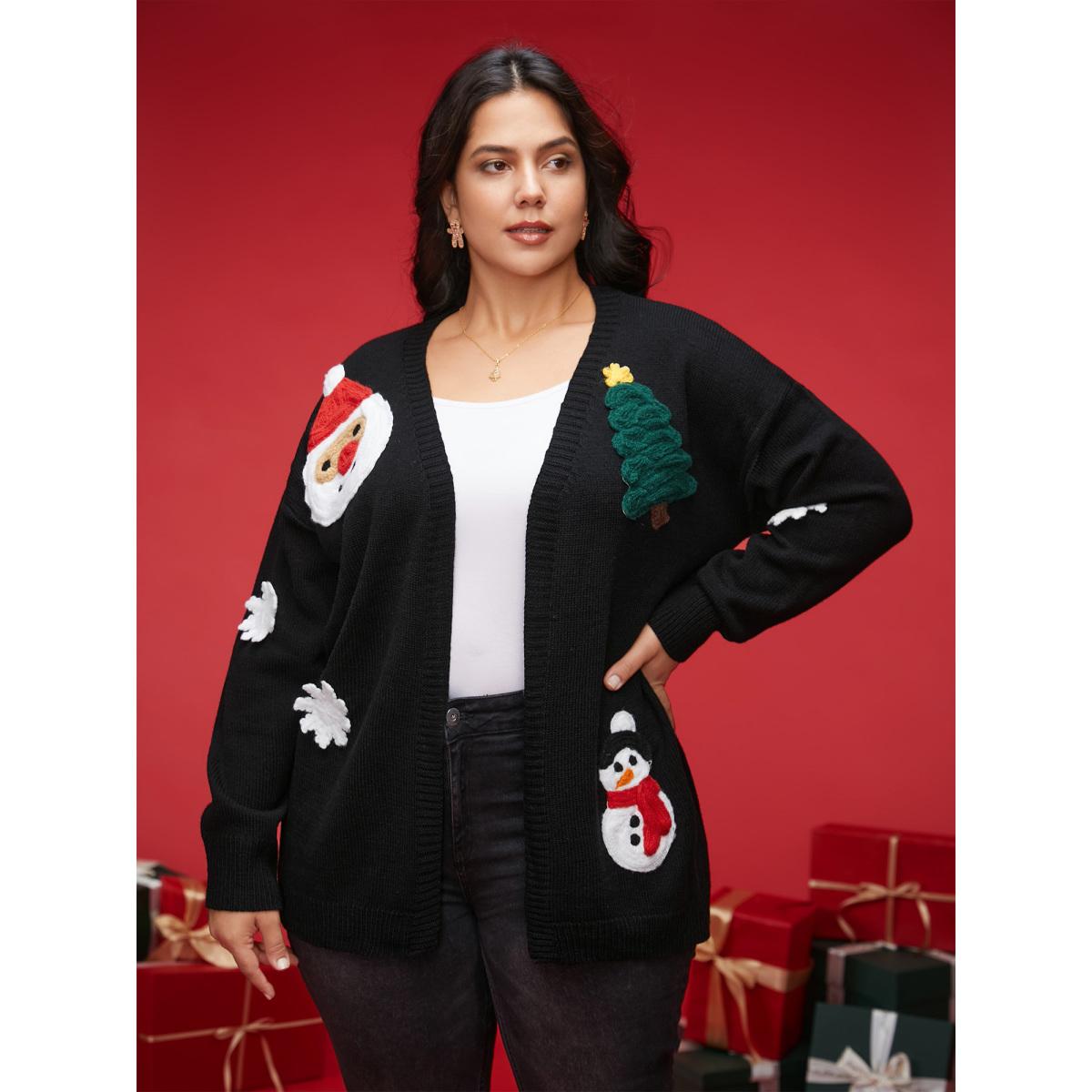 Plus Size Holiday Hand-Crocheted Motifs V-Neck Cardigan Black Women Casual Loose Long Sleeve Everyday Cardigans BloomChic 28/5X Product Image