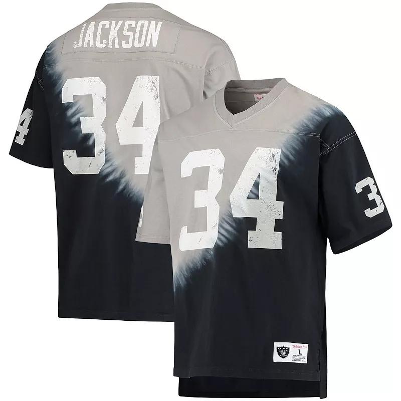 Mens Mitchell & Ness Bo Jackson Black/Silver Las Vegas Raiders Retired Player Name & Number Diagonal Tie-Dye V-Neck T-Shirt Product Image