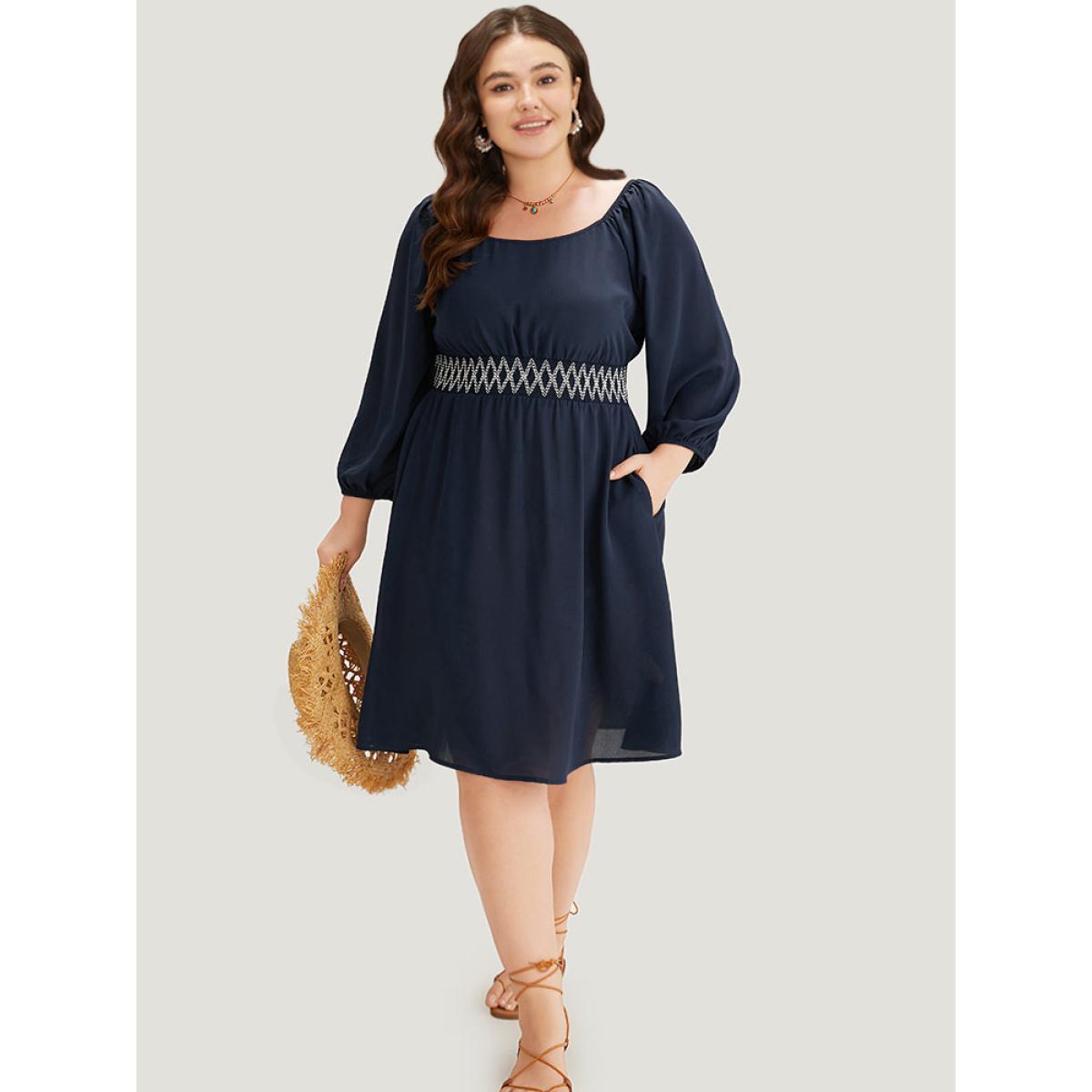 Plus Size Bandana Shirred Square Neck Lantern Sleeve Dress DarkBlue Women Vacation Elastic cuffs Square Neck Long Sleeve Curvy Midi Dress BloomChic 26/4X Product Image