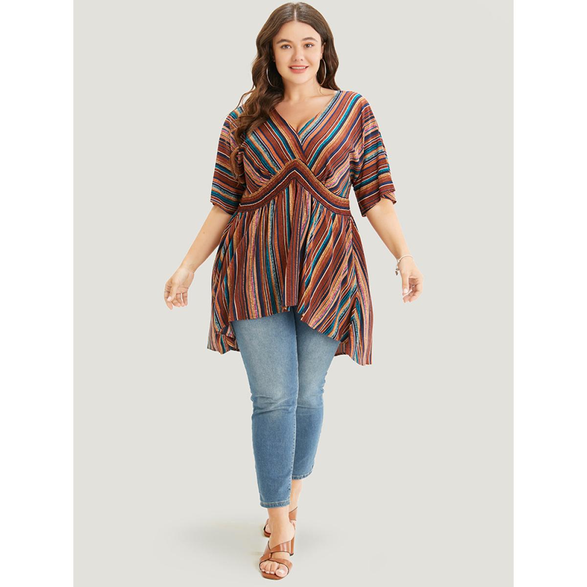 Plus Size DarkBrown Striped Contrast Shirred Wrap High Low Hem Pocket Blouse Women Vacation Short sleeve V-neck Vacation Blouses BloomChic 30/6X Product Image